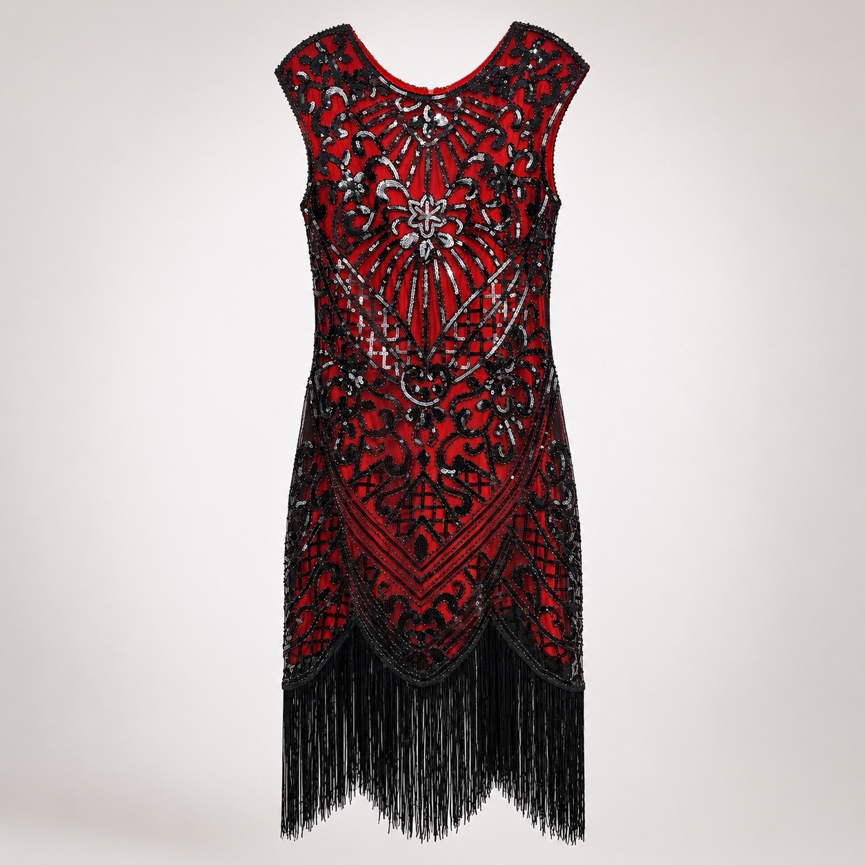 Flapper Dress Roaring 20s M Red Black Beaded Sequin Fringe Gatsby Art Deco Party