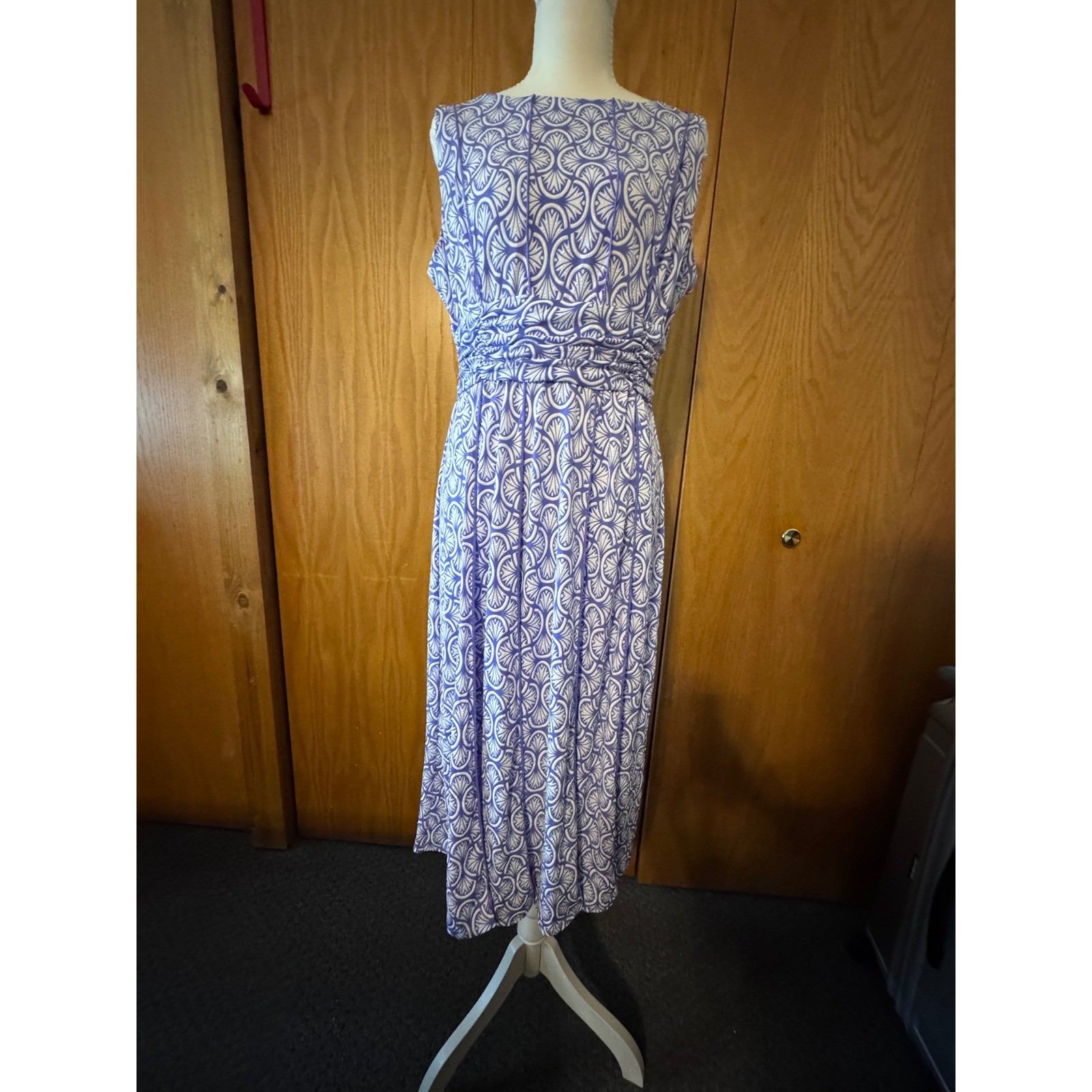 Perceptions New York Purple White Geometric Fan Print Ruched Midi Dr Womens 14