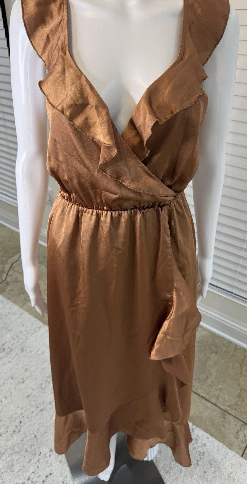 Show Me Your MuMu Samantha Satin Ruffle Wrap Midi Dress V-Neck Open Back Size M