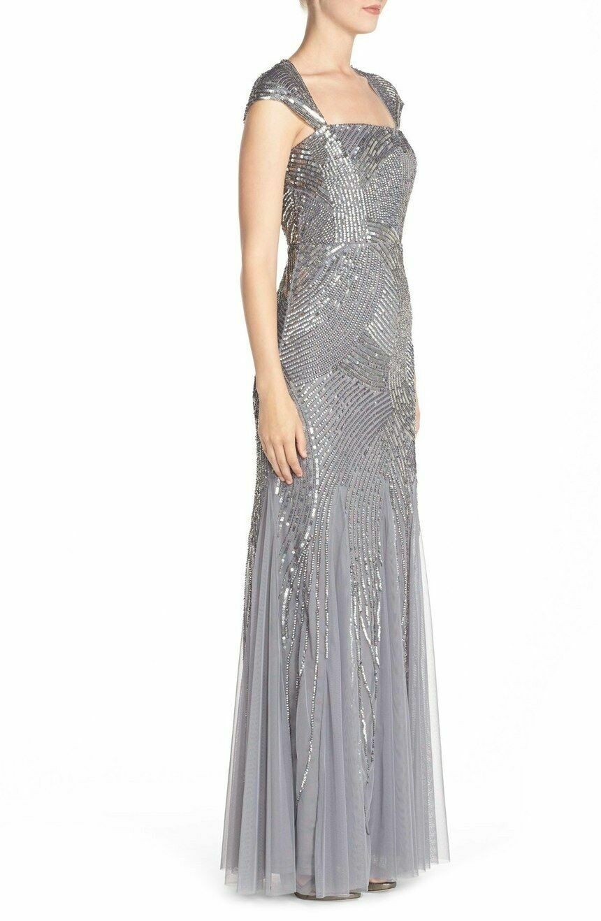 NEW Adrianna Papell [ 2 ] Embellished Mesh Envelope Gown in Silver/Grey #M27