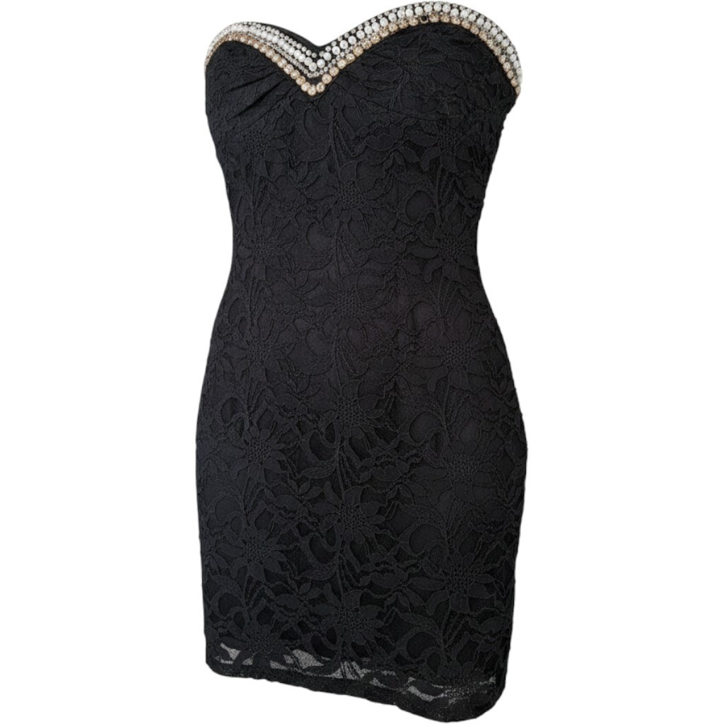 Jump Apparel Black Lace Strapless Beaded Mini Dress y2k