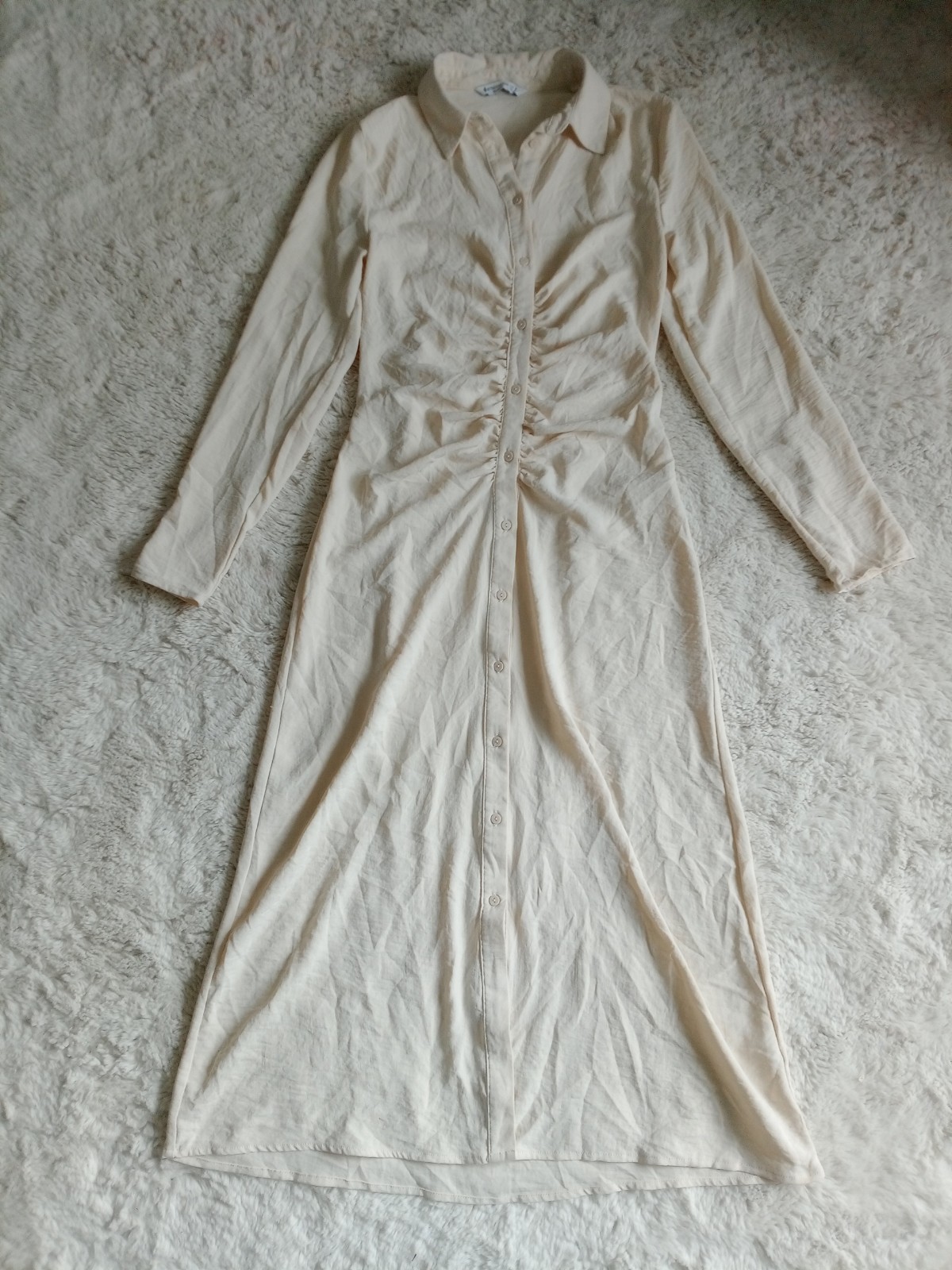 Stradivarius Cream Long Sleeve Collared Long Maxi Buttoned Shift Dress Size S