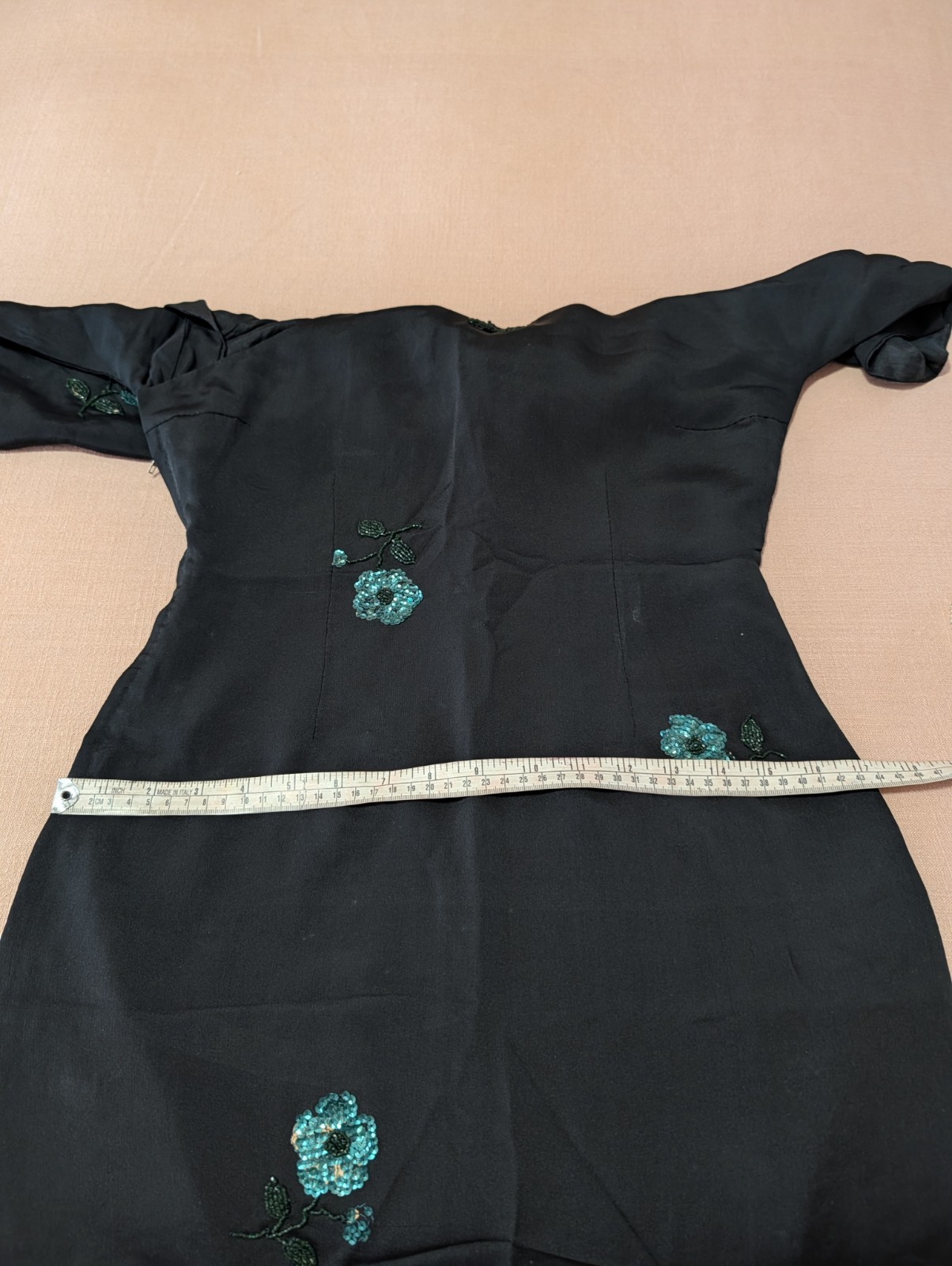 Authentic Vintage Black Silk Embroidered Cheongsam Dress Sz S