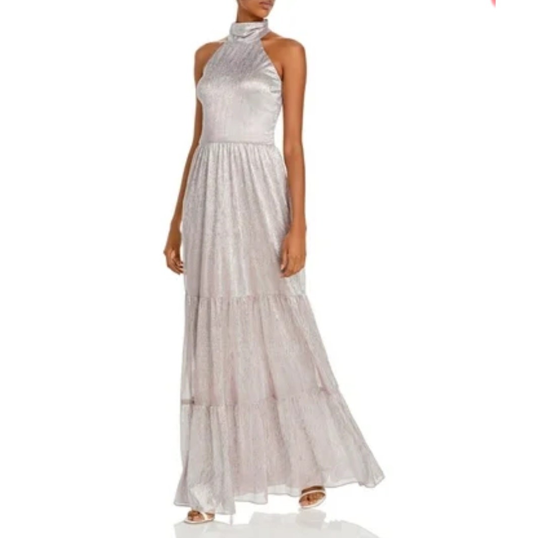 AQUA Pink and Silver Evening Gown Metallic A-Line Halter Maxi Dress Size 10