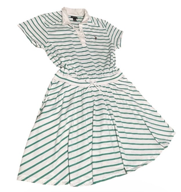 U.S. POLO ASSN. White Green Striped Dress Drawstring Waist Pockets Women’s M