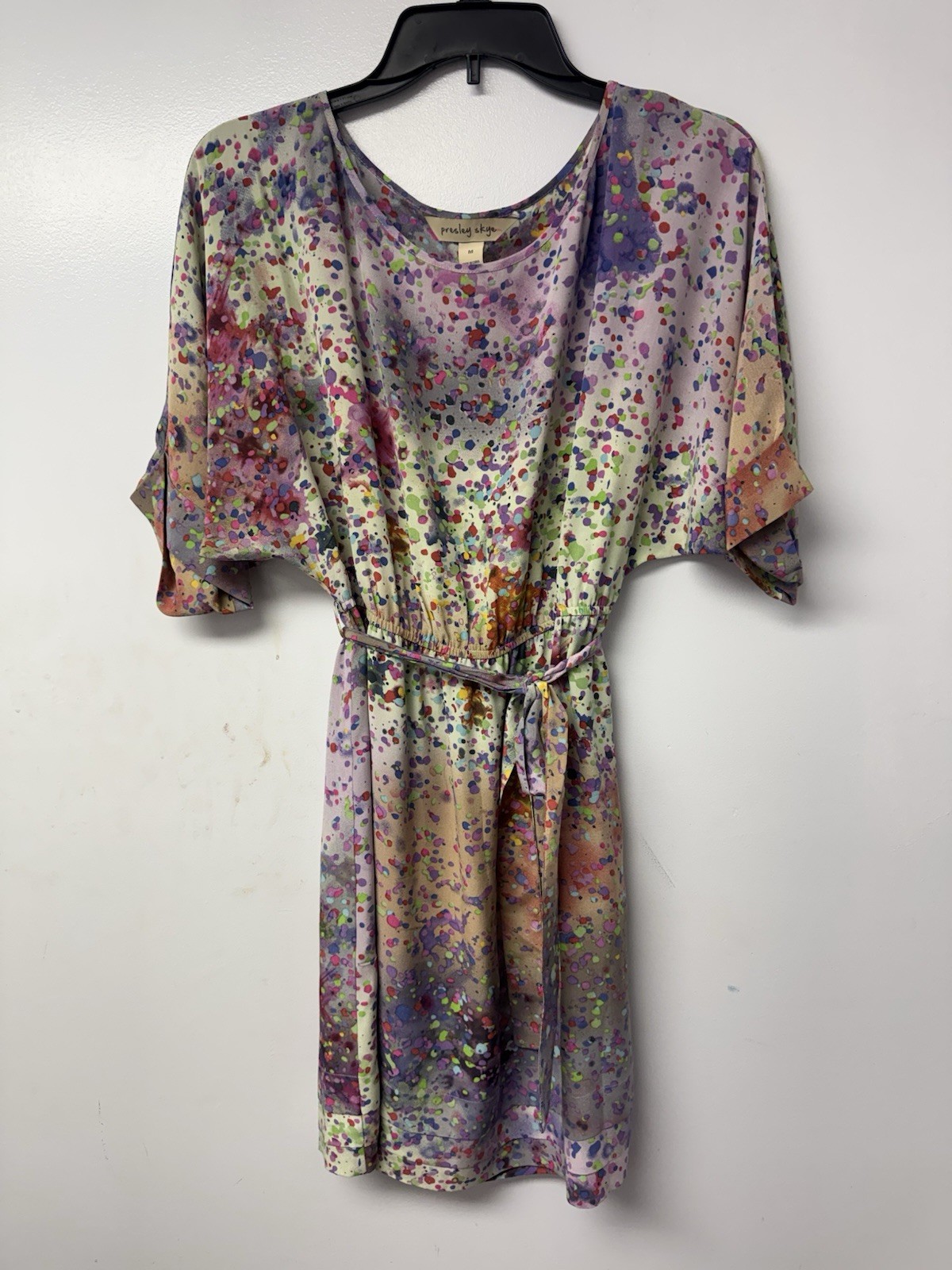Presley Skye 100% Silk Abstract Watercolor Tie Waist Dress M Wedding Romantic U