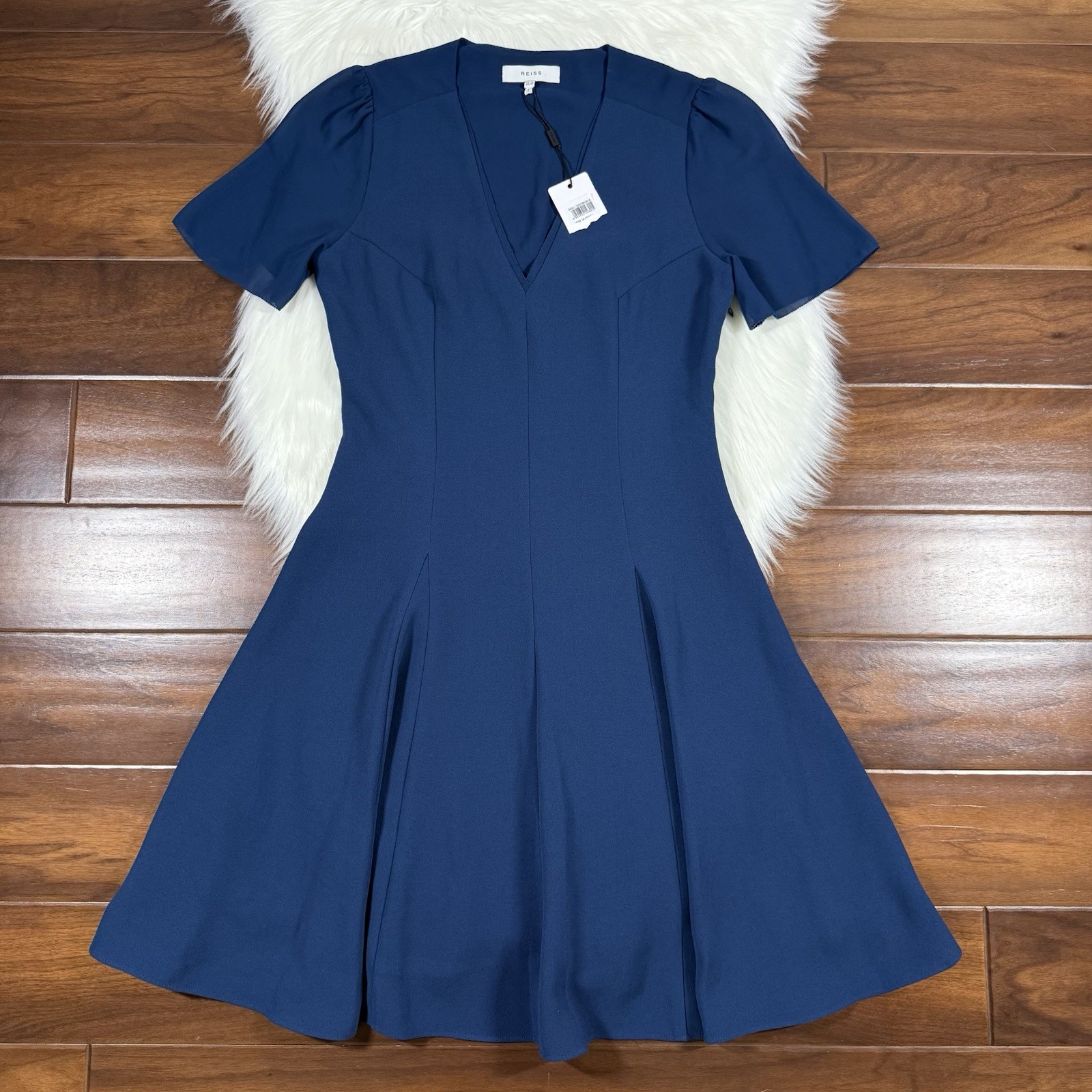 Reiss Women’s Size US 6 / UK 10 Blue Teal Natalia V Neck Fit & Flare Mini Dress