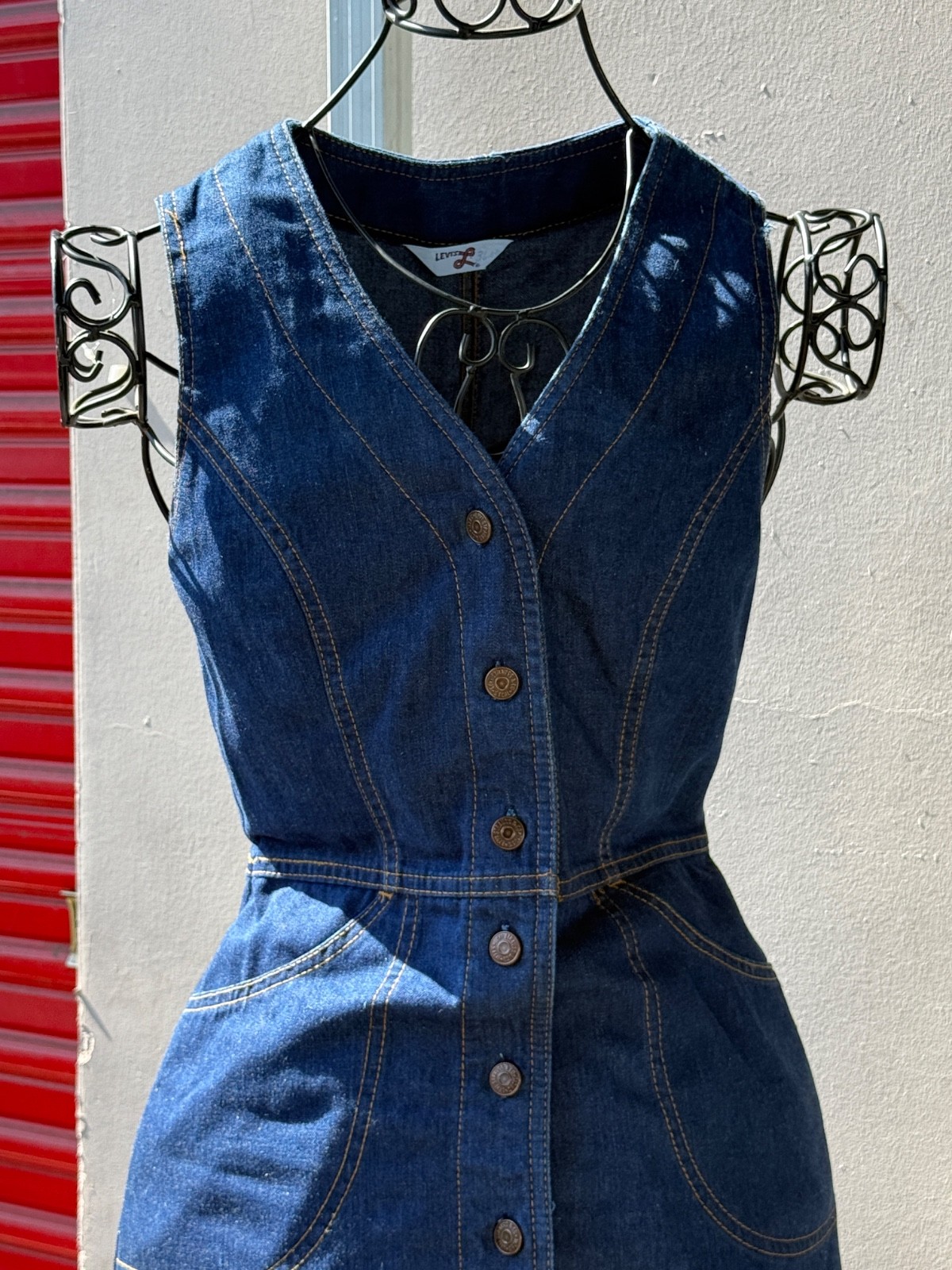 Vintage 70s Levis Denim Sundress Fitted Button Front Dress Brass Buckle In Back