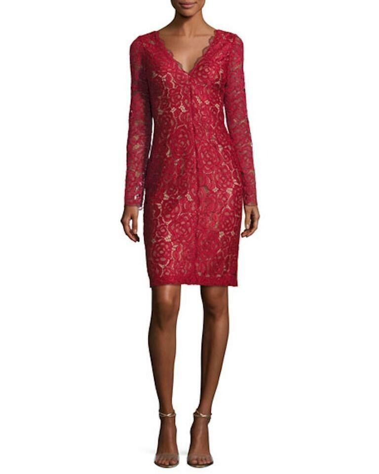 Vera Wang Red Lace Long Sleeve Double V-Neck Cocktail Dress Size 2 Orig $258