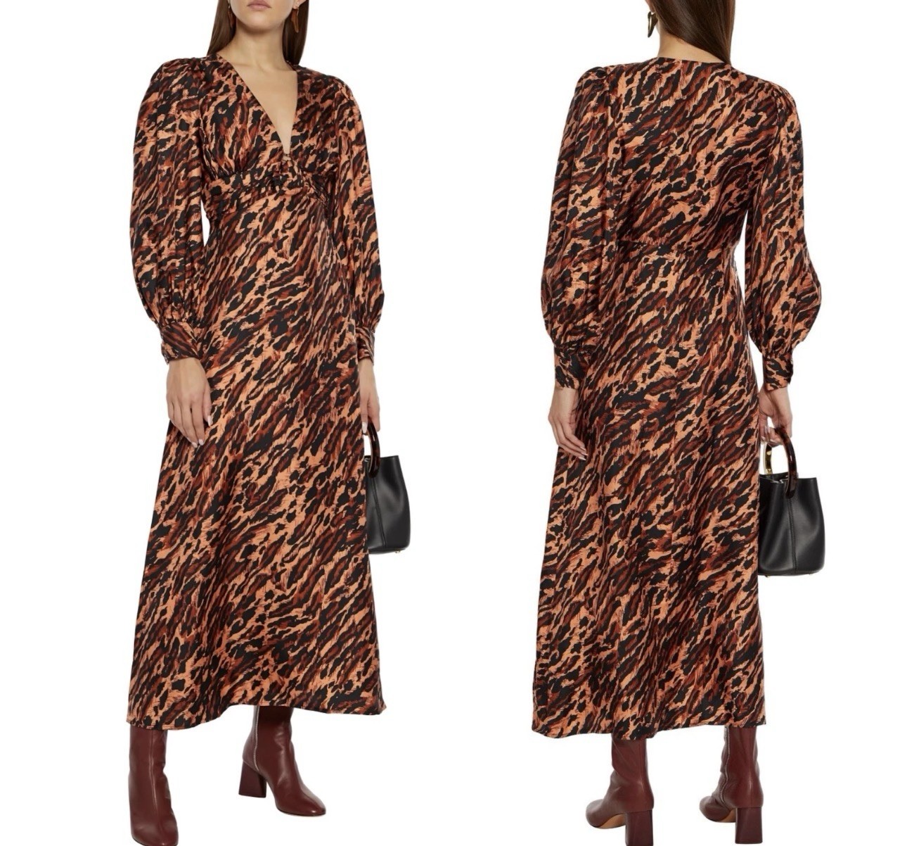 Sandro Paris Faunie Silk Tiger Print Maxi Dress Ruched Waist Puff Sleeve EU 38