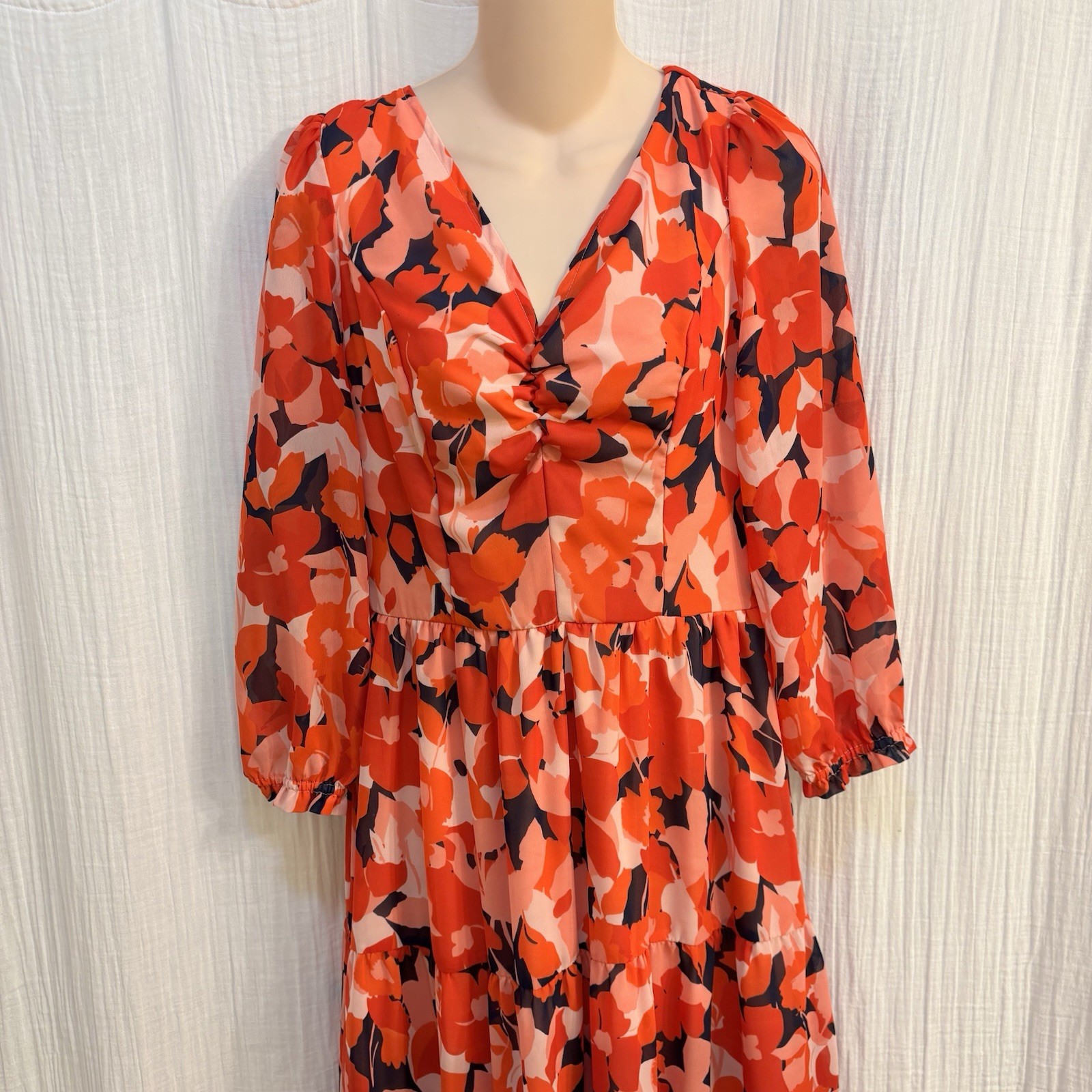 Sincerely Jules Red and Pink Floral Long-Sleeve Tiered Midi Dress. Size Large