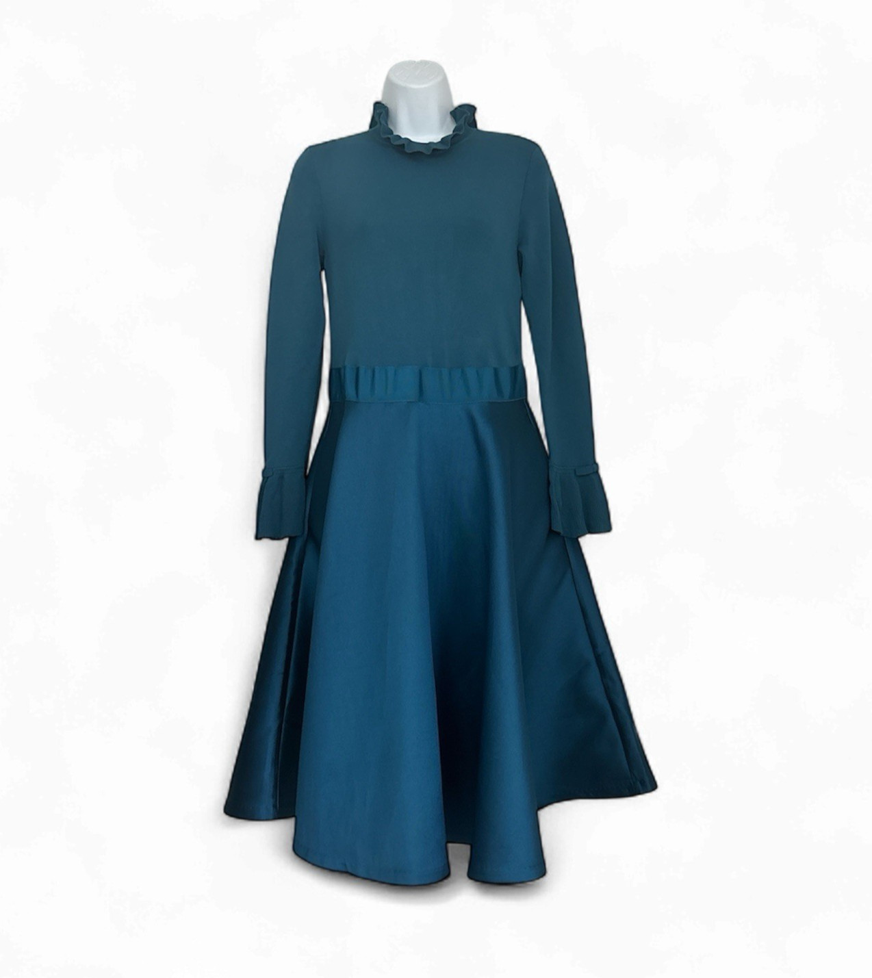 Ted Baker Zadi Fit & Flare Satin Dress Teal Mid Blue Long Sleeve Size 3 US 8-10