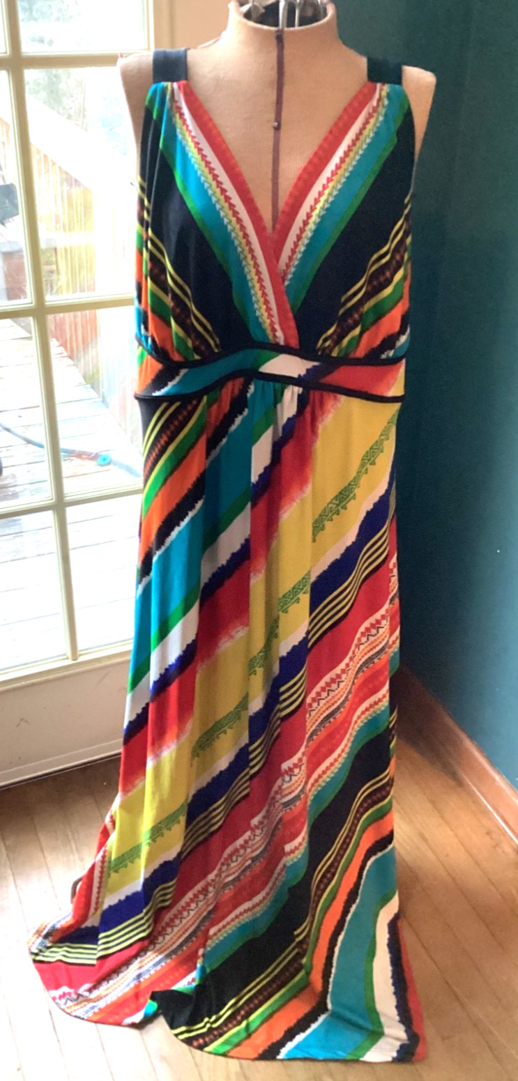 Beverly Drive Woman’s 1X V-neck Empire Waist Multicolor Floor Length Strap Dress