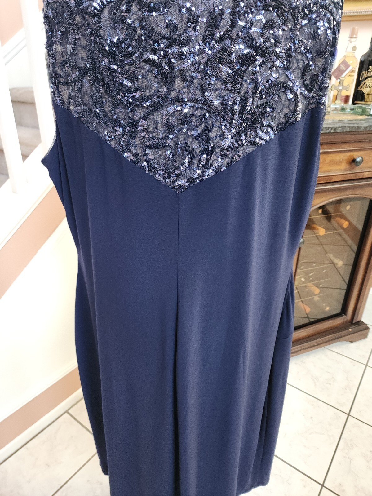 NWT RALPH LAUREN Blue Sequin Round Neck Side Gathered Sleeveless Dress 22W $165