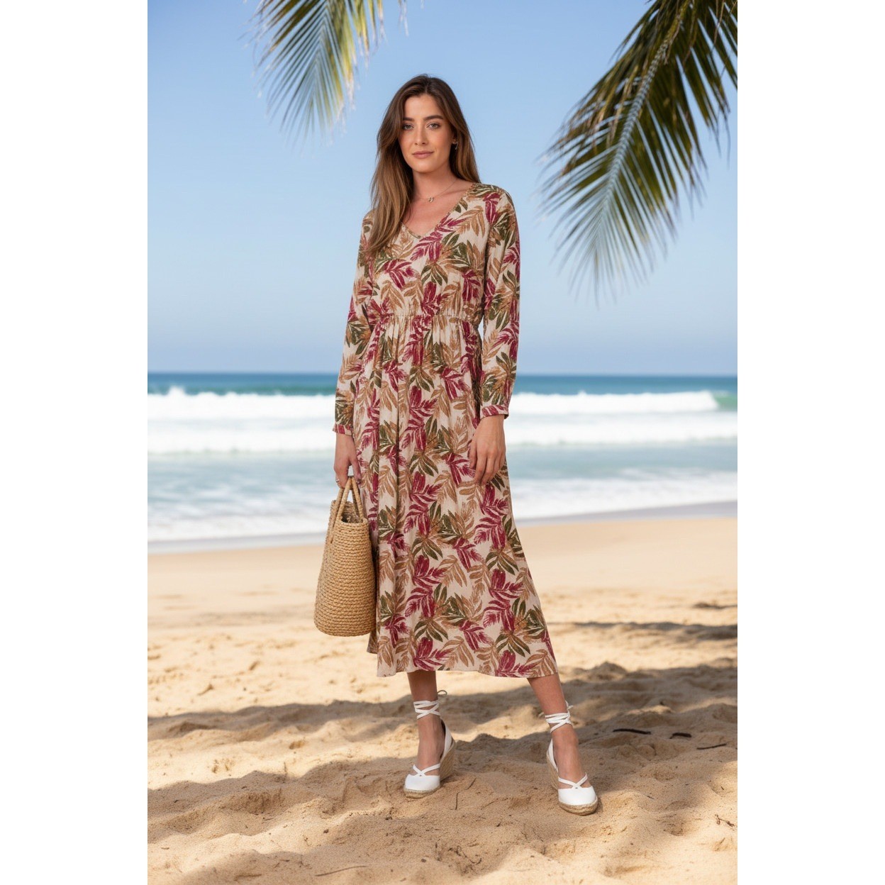 Parisian M&M NWT Tropical Leaf Maxi Dress m 100% Cotton Pink Green Long Slv $158