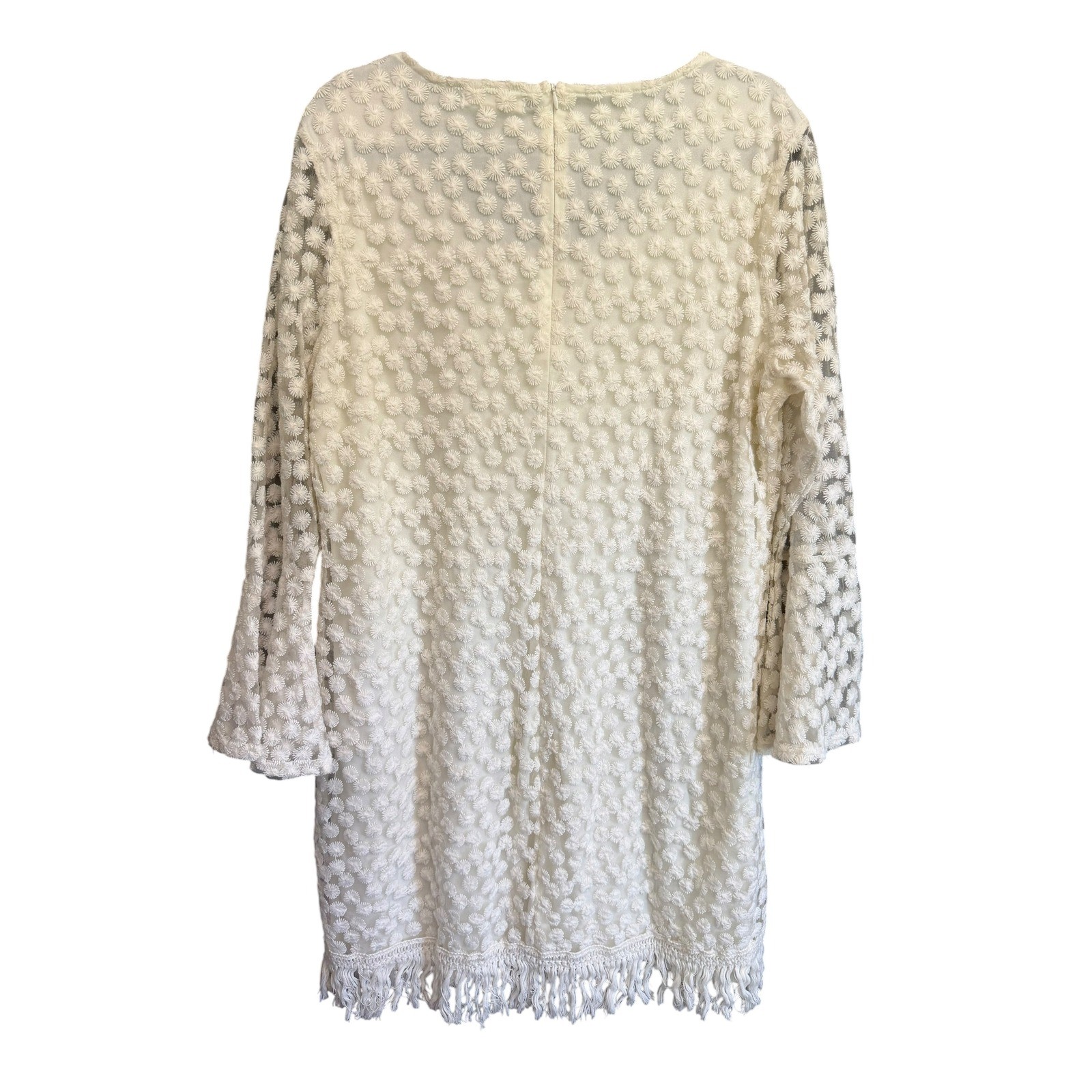 Indigo Soul White Floral Embroidered Mesh Bell Sleeve Fringe Shift Dress XL