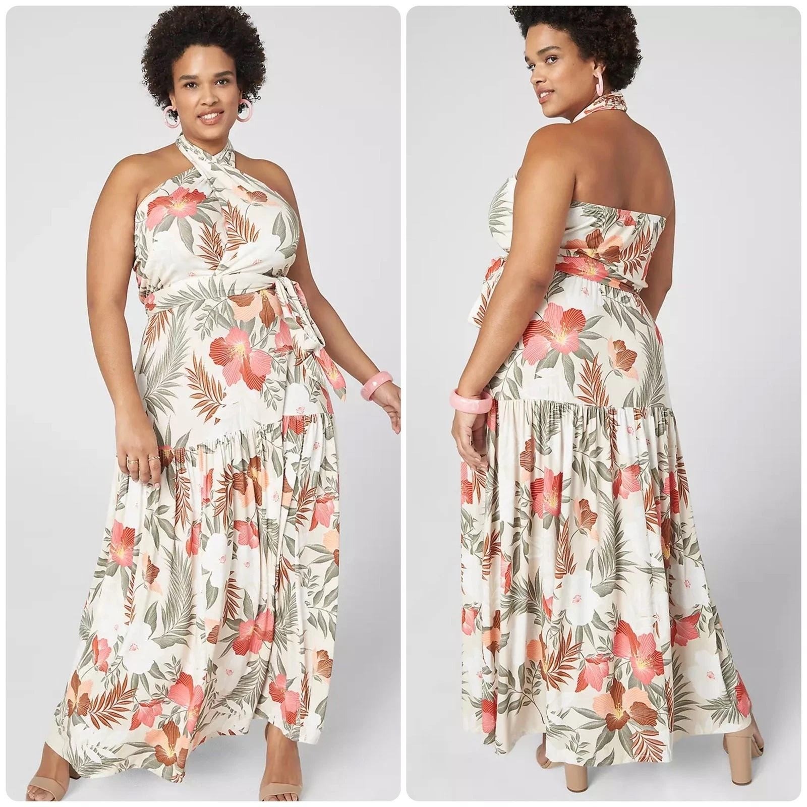 NWT Lane Bryant Maxi Dress Sz 22/24 Floral Halter Cross Front Tiered Tropical