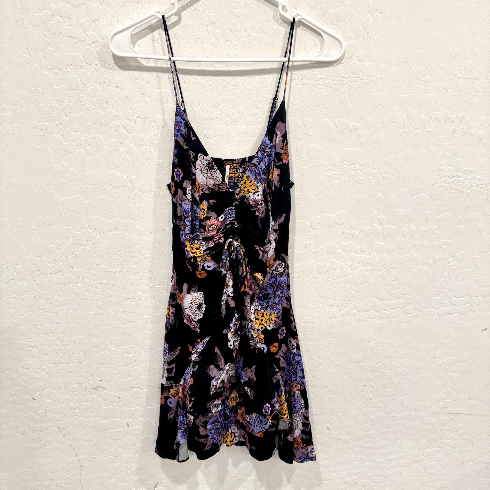 Free People Happy Heart Black Floral Mini Dress Womens Small Ruched Tied Bow