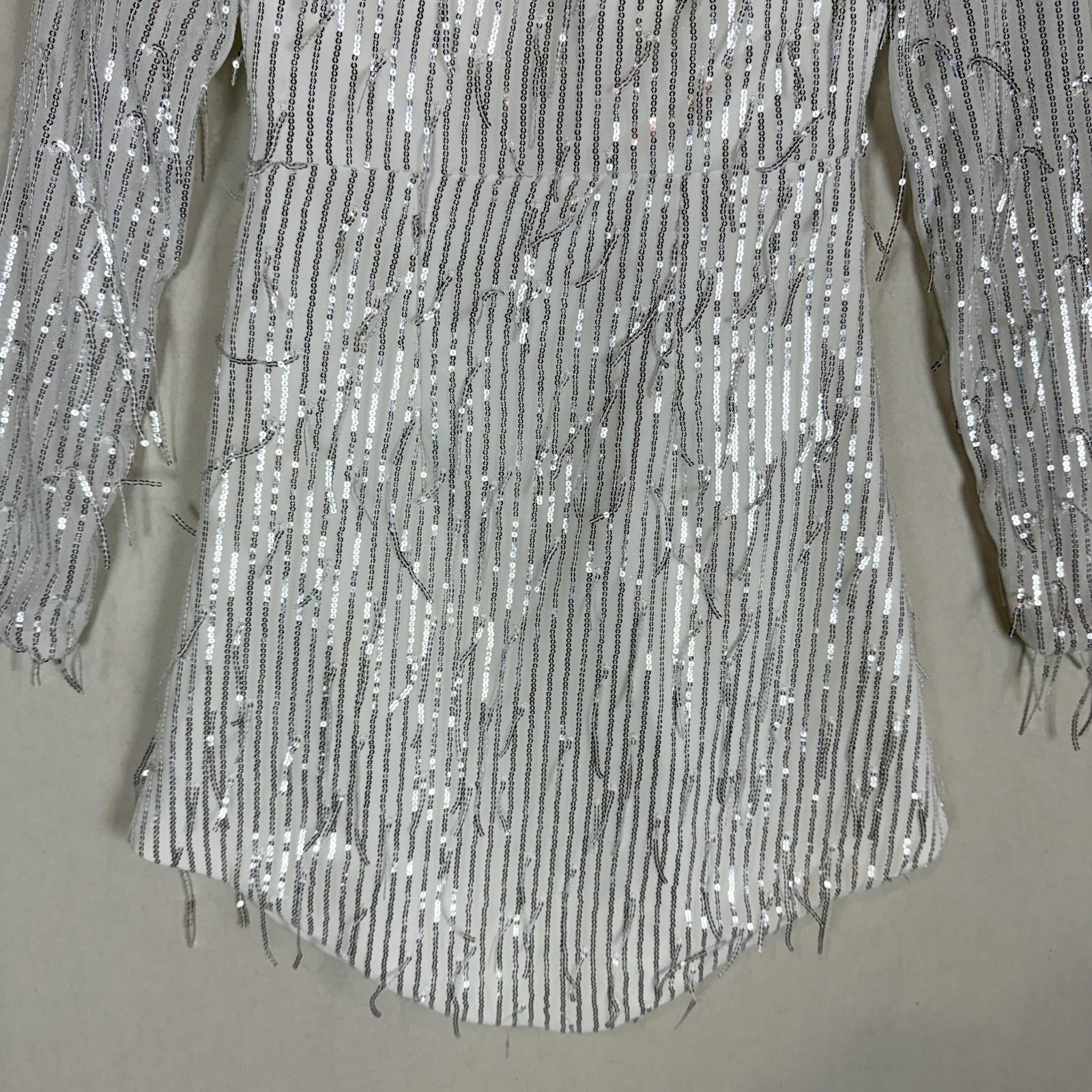 Stylista Dress Womens Small White Sequin Mesh Mock Neck Cutout Bodycon Mini