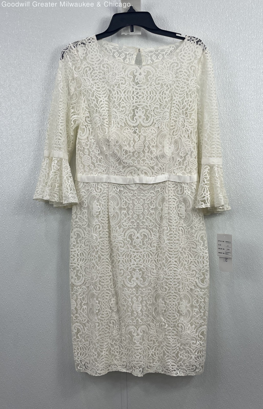 David Bridal Women Ivory Solid Lace Bell Sleeve Sheath Dress Size 10