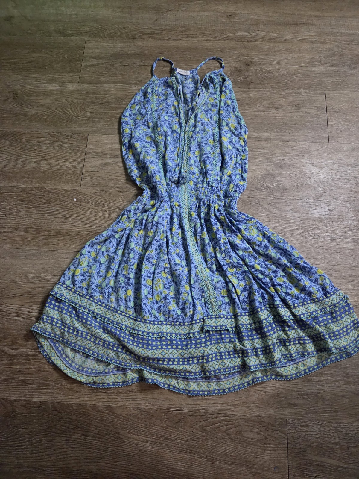 Poupette St Barth Blue Floral Mini Dress Size S Boho Resortwear Tassel