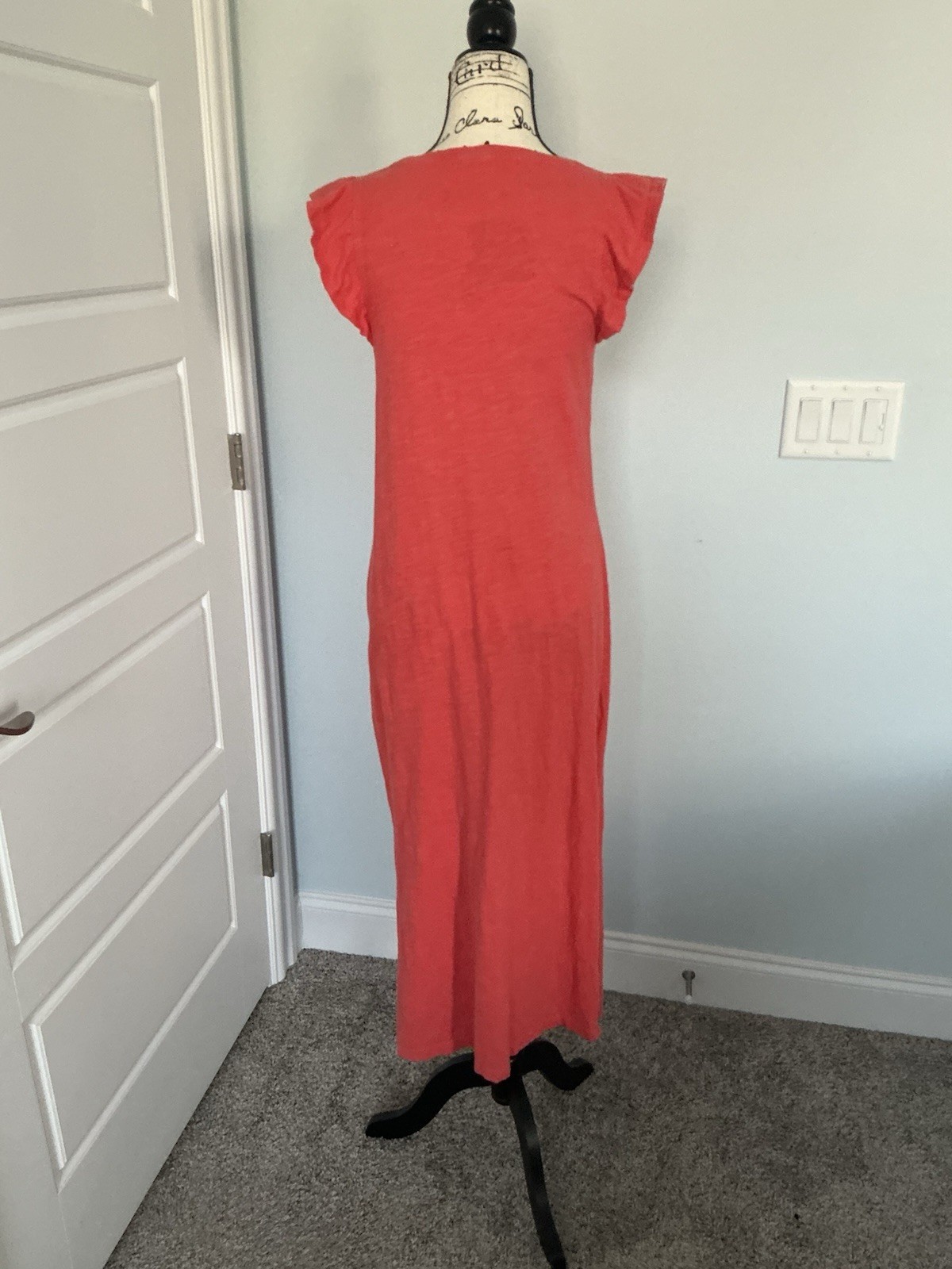 Z Supply Coral Cotton Knit Solid Round Neck Ruffle Side Slit Maxi Dress S
