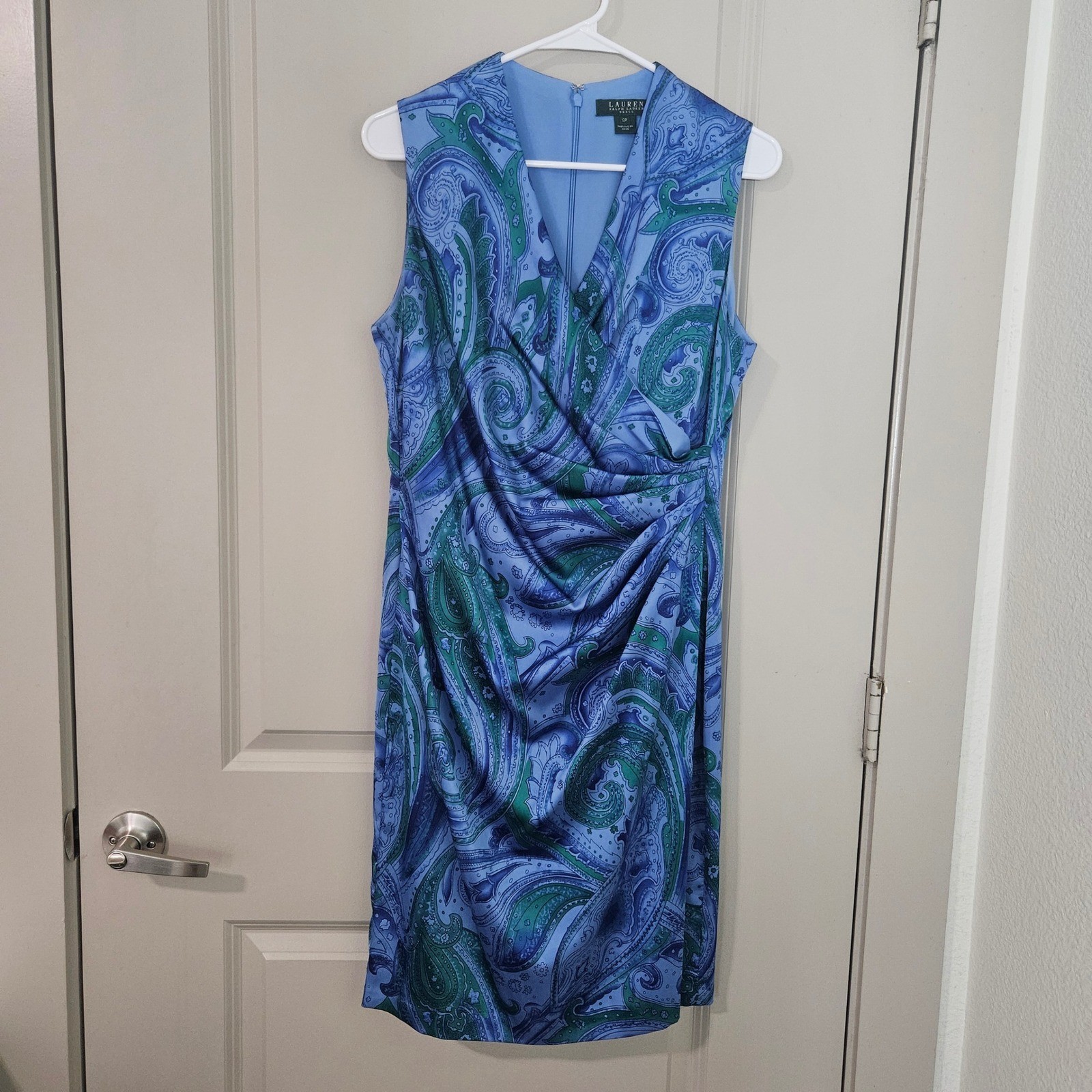 Lauren Ralph Lauren Blue Green Paisley Sleeveless Sheath Dress 12P Petite