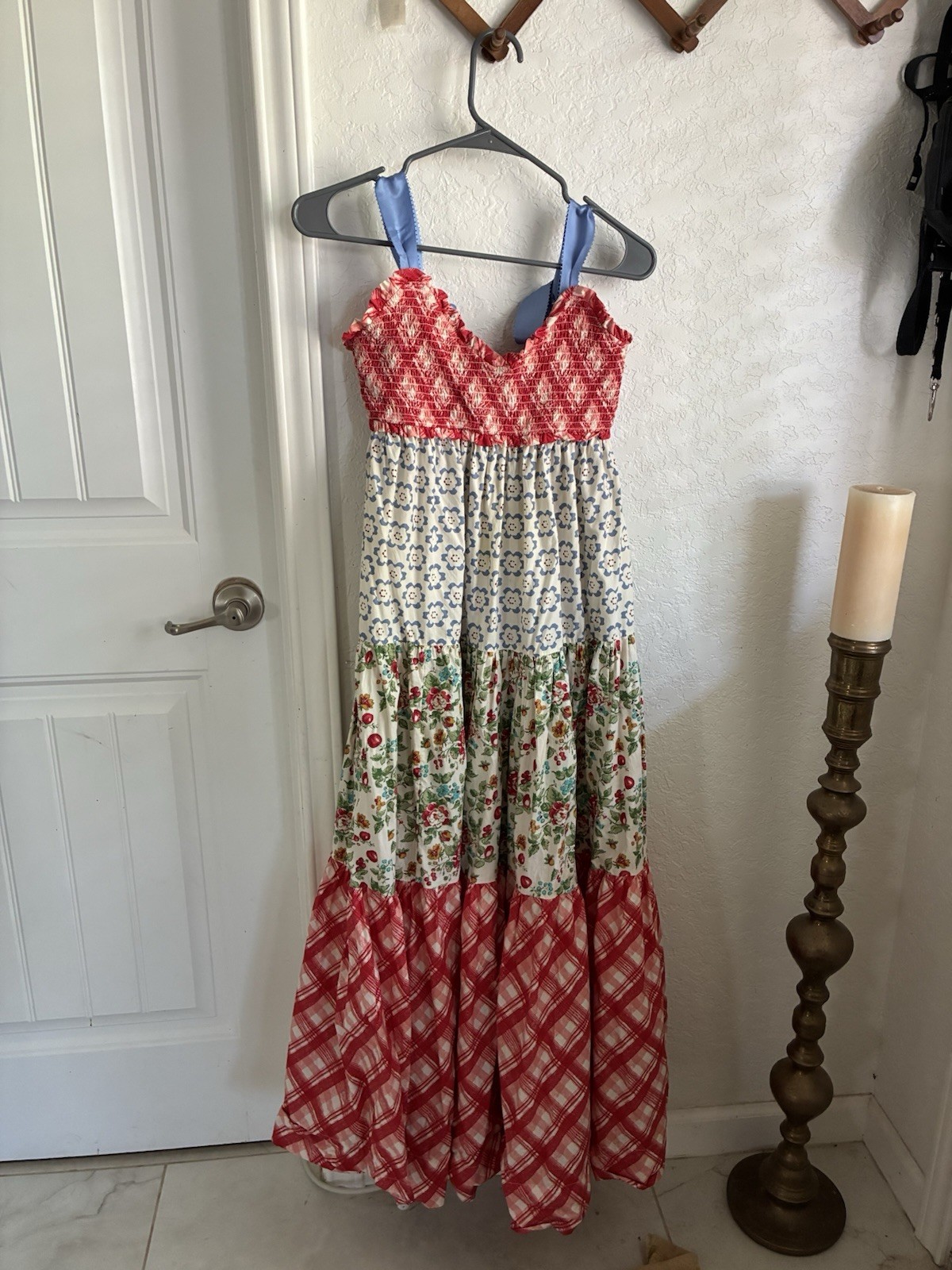Free People Bluebell Ribbon Strap Tiered Maxi Dress Cherry Combo Size XS
