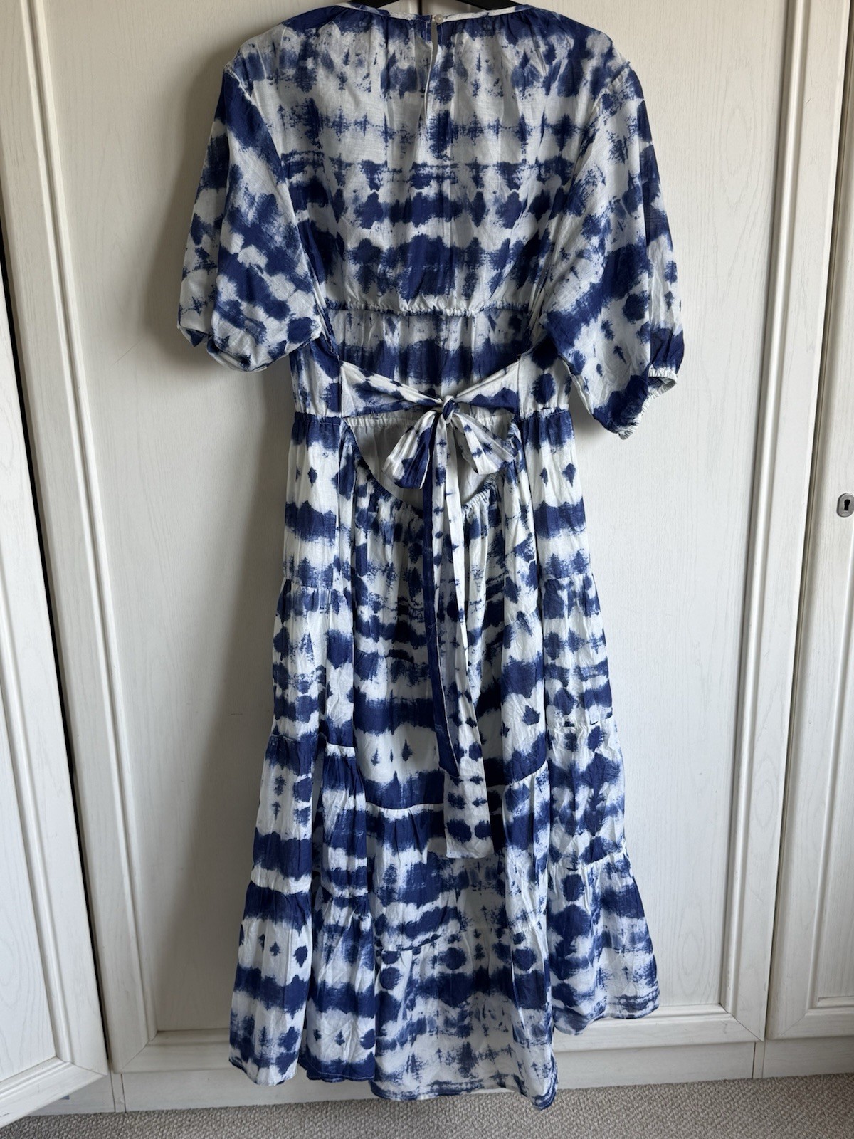 Mango MNG Blue Tie Dye Cotton Dress Open Back Cut Out Midi Dress