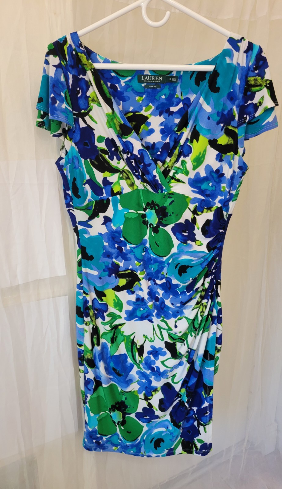 LAUREN by RALPH LAUREN Floral Print Ruched Stretch Sheath Dress Sz 12 (FLAW)