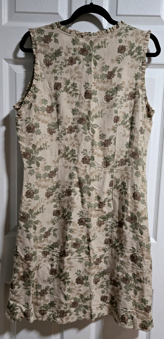 Kathy Ireland Beige/Green Sleeveless Floral Linen Blend Dress;Ruffle V-Neck;Sz L