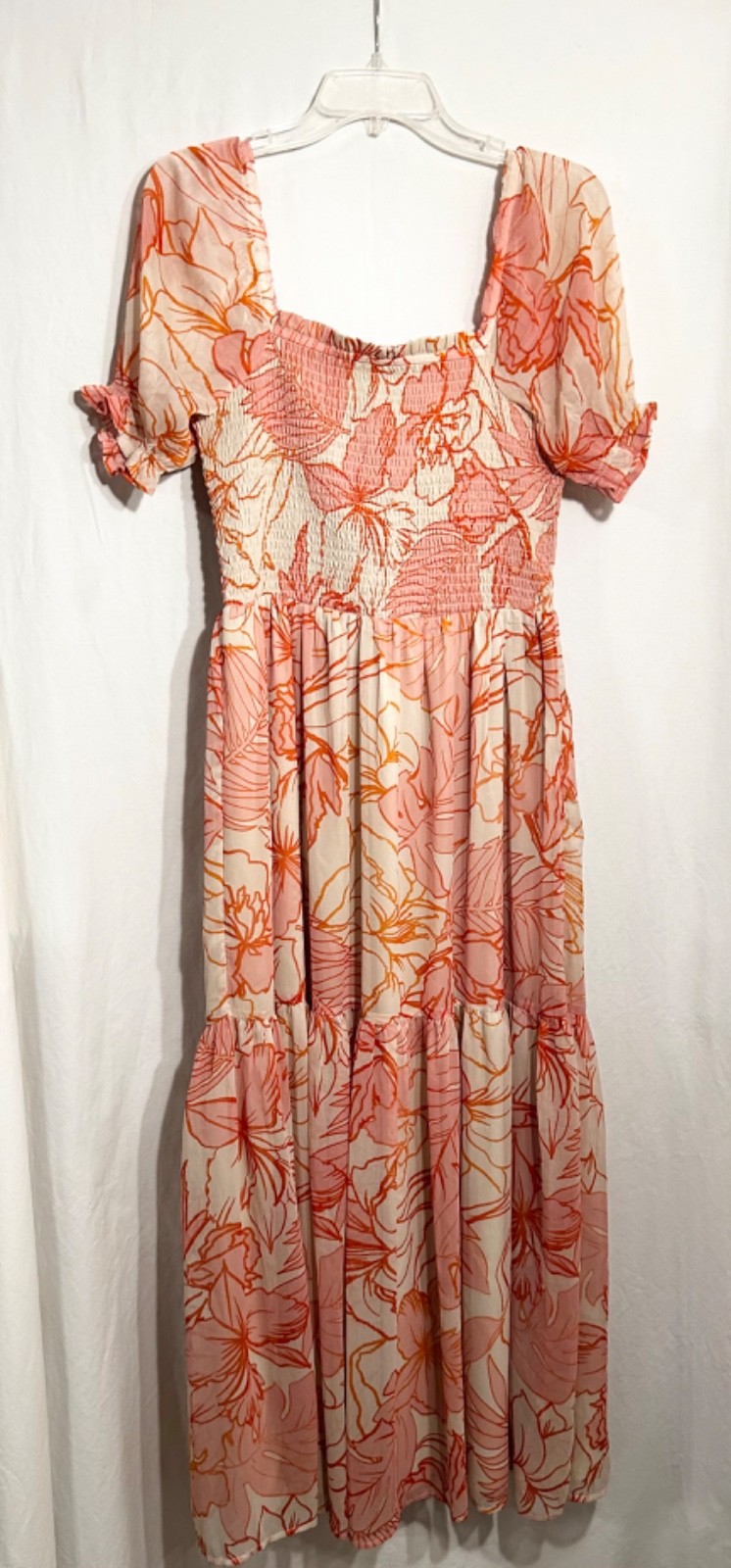 WOMENS LARGE PINK CREAM FLORAL SHIRRED BODICE PUFF SHORT SLEV LINED TIERED DRESS