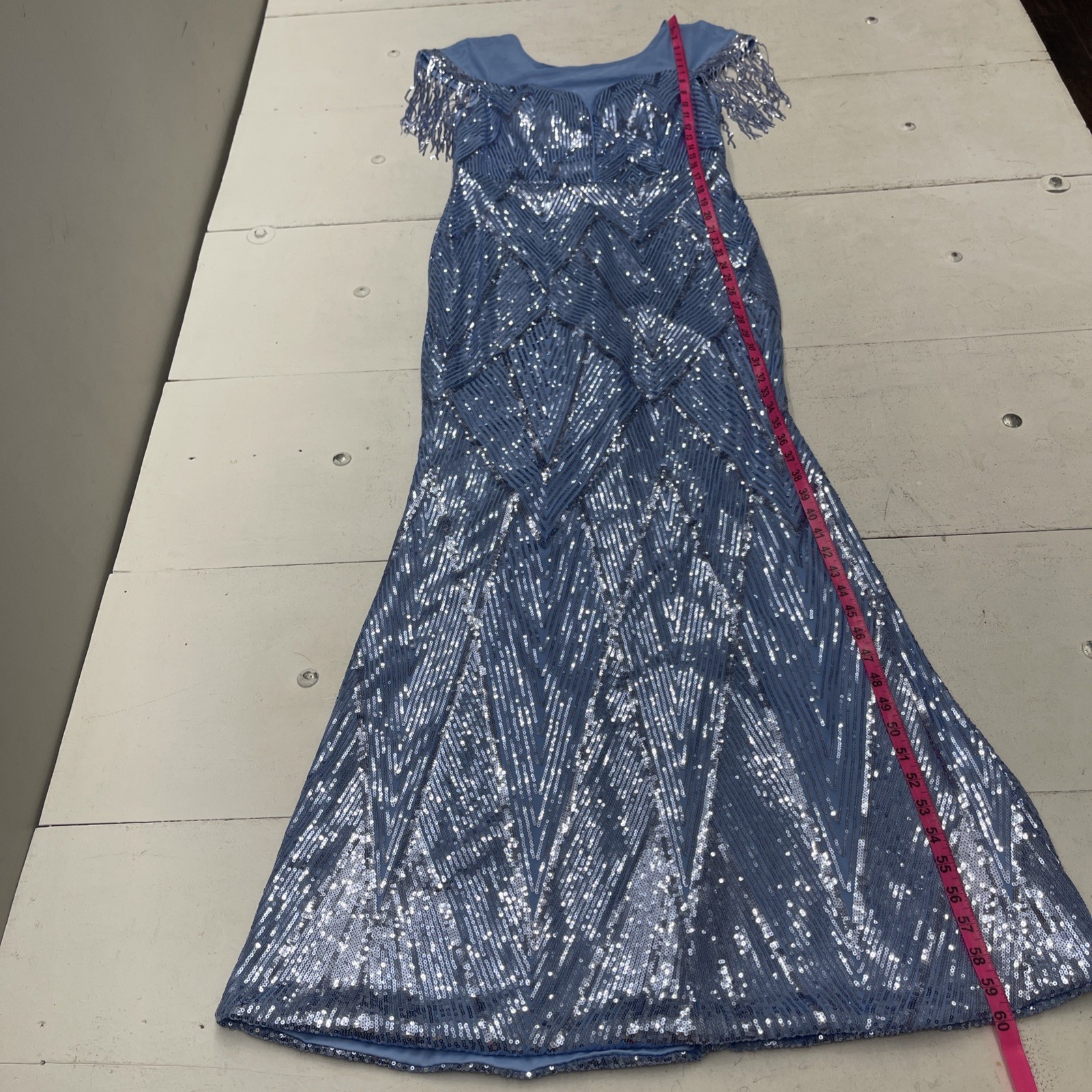 Unithorse Blue Sequin Fringe Sleeve Trim Mermaid Hem Formal Maxi Dress Women XL