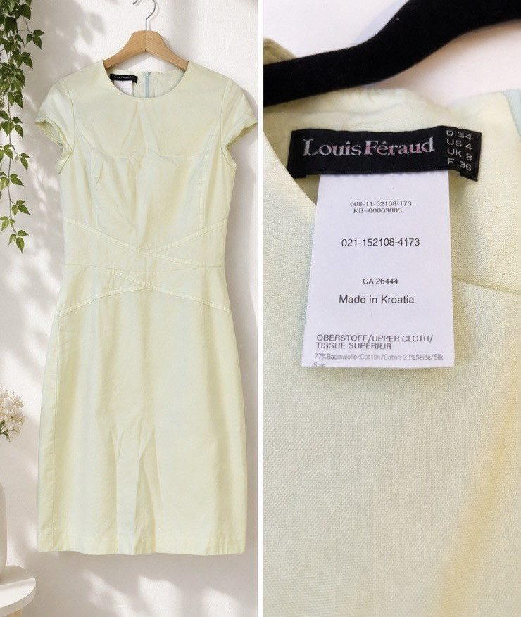 Louis Féraud Light Green Solid Sheath Dress 4 Round Neck Cap Sleeve Knee Zip