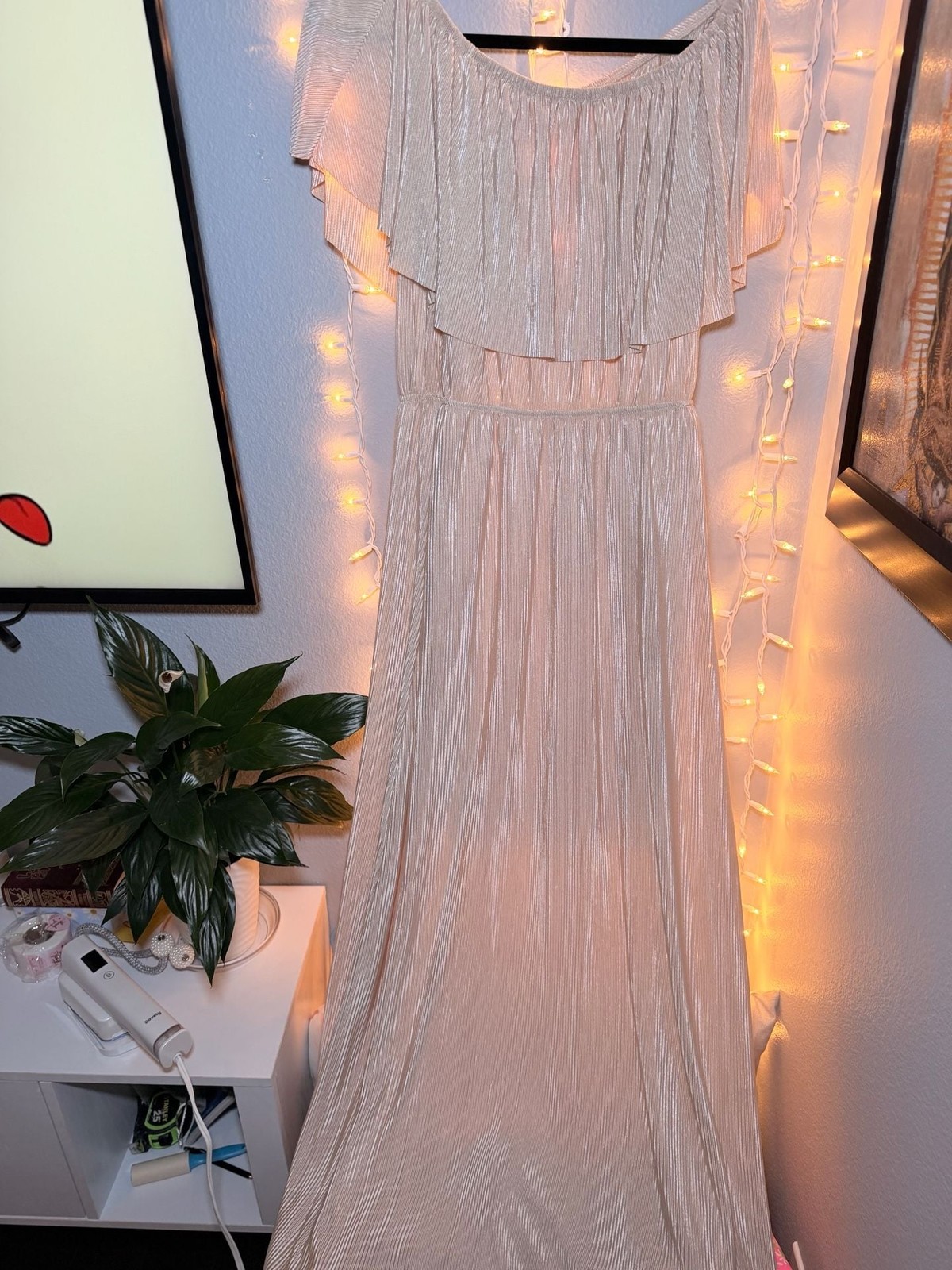 Bella Ella Boutique Slow Dancing Ribbed Off Shoulder Maxi Dress in Champagne