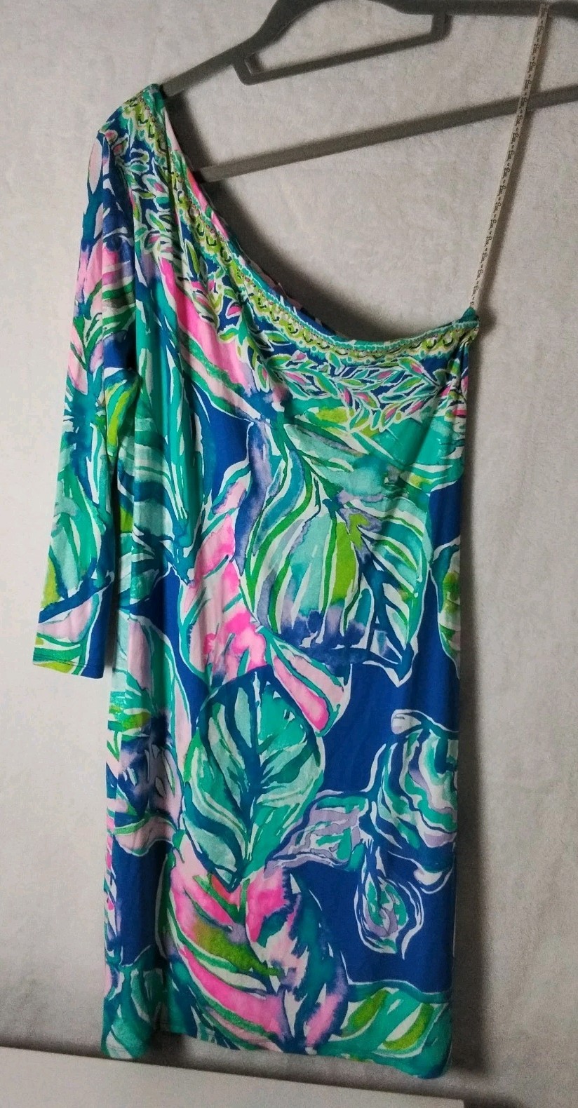 Lilly Pulitzer Sz Small Petra Artsy One Shoulder Dress, Blue & Pink Floral