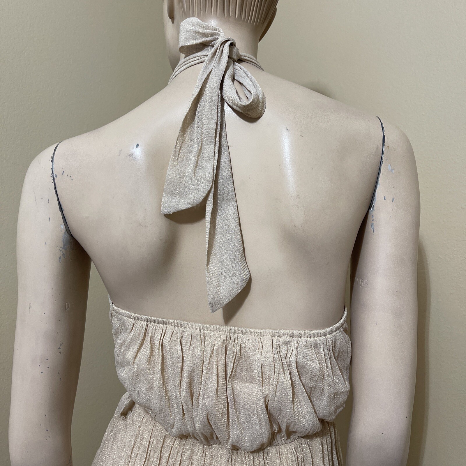 Women’s Beige Polyester Cocktail Layered Pleated Open On Tie Midi Size S Dress