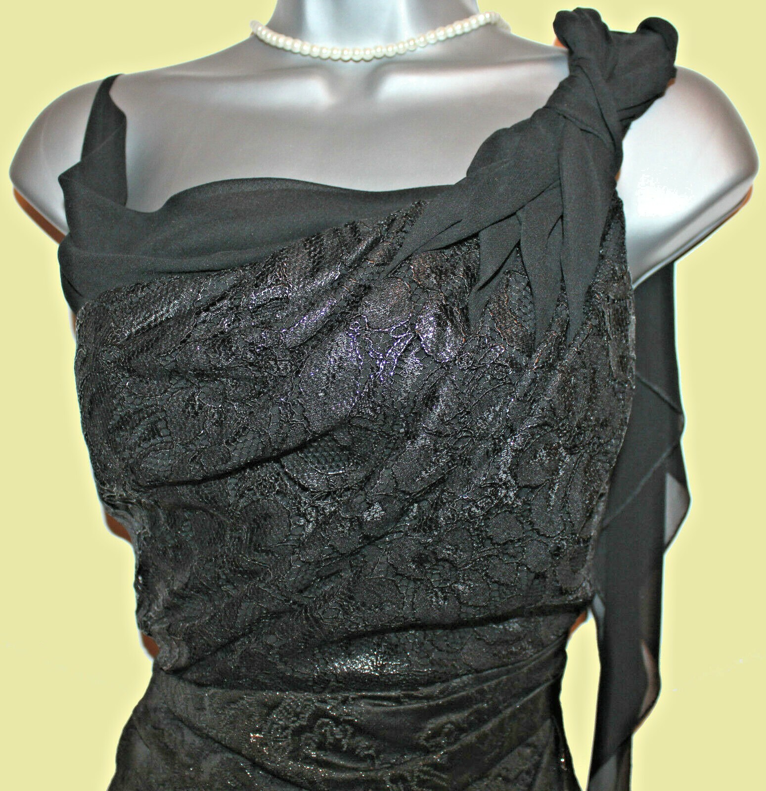 Karen Millen UK 10 Metallic Jacquard Black Lace Chiffon Drape Neck Dress EU 38