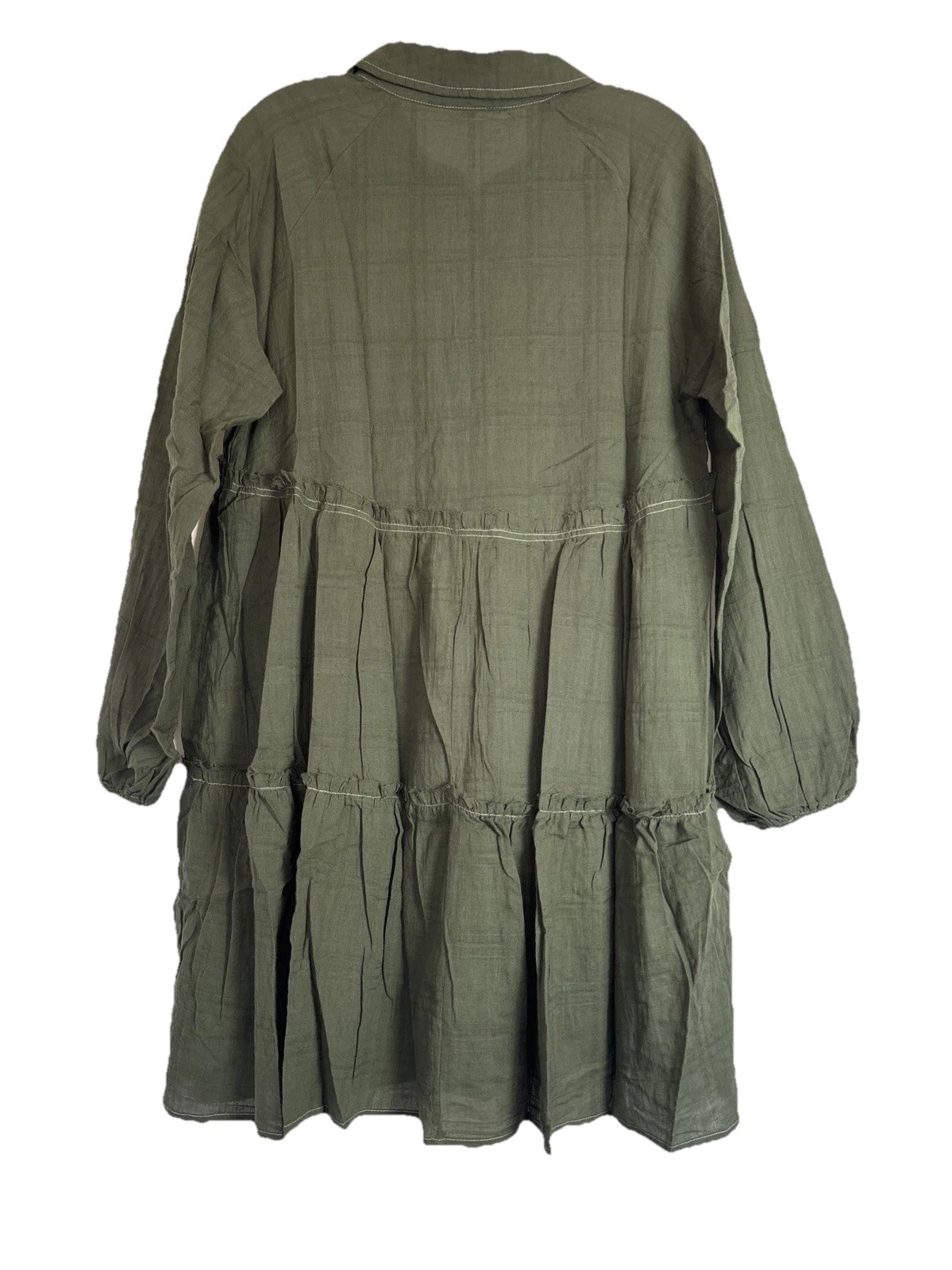 Promesa Olive Green Tiered Babydoll Mini Dress Long Sleeve Contrast Stitch M