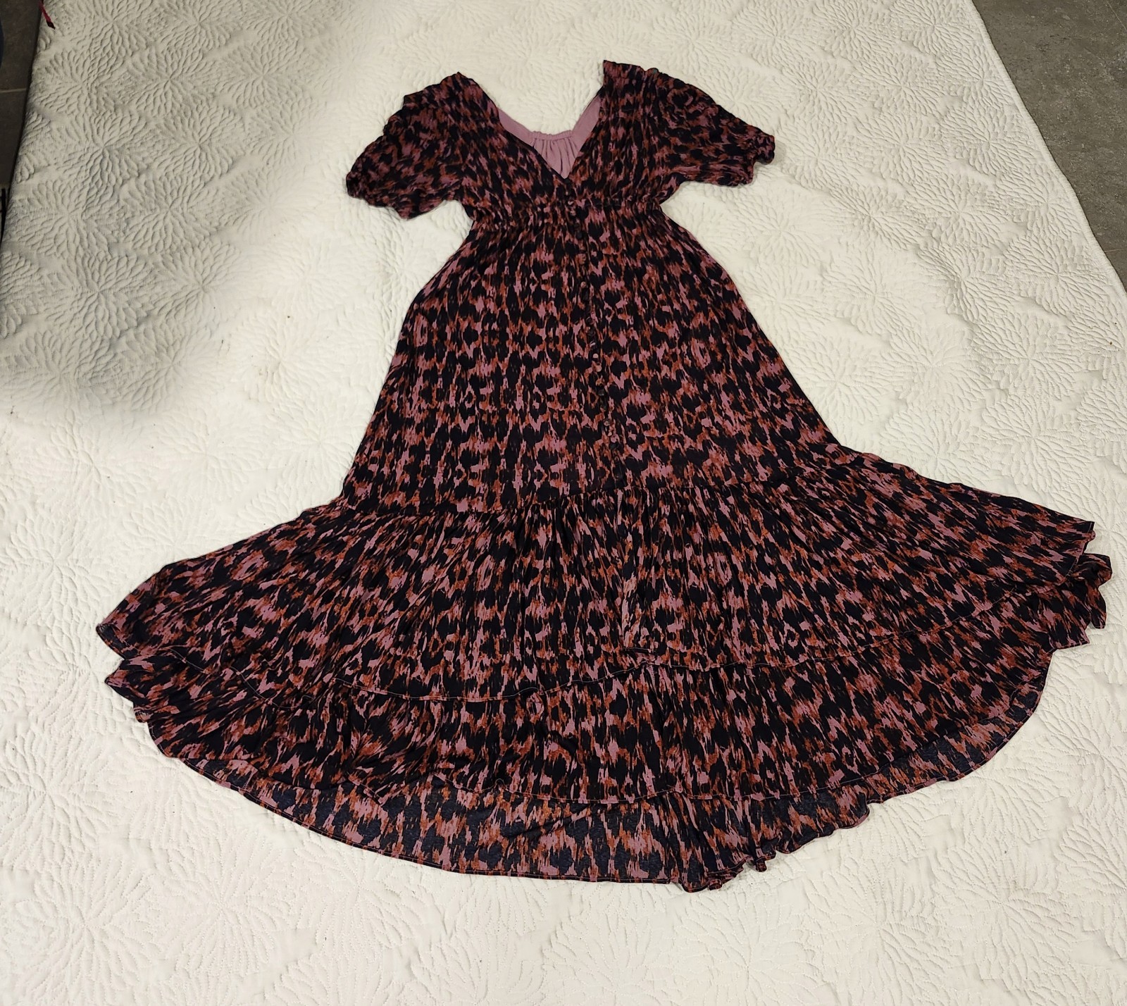 Anthropologie Purple Printed Ruched-Sleeve Mesh Lined Maxi Dress Petites Sz S