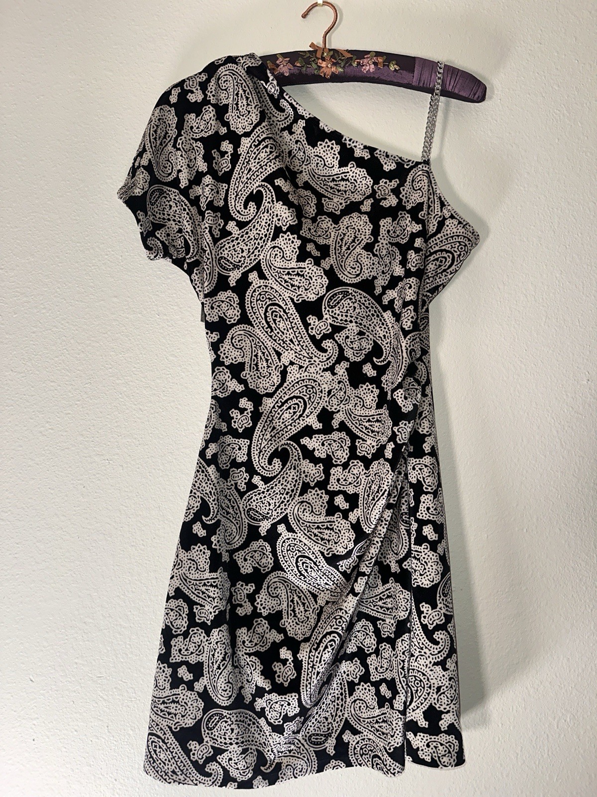 Michael Kors Womens M Black White Paisley Knit One Shoulder Shift Short Dress