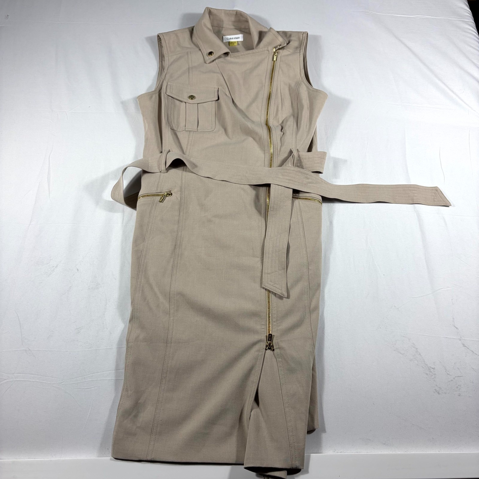Calvin Klein Moto Sheath Dress Women’s 10 Khaki Rayon Belted Asymmetrical Zip