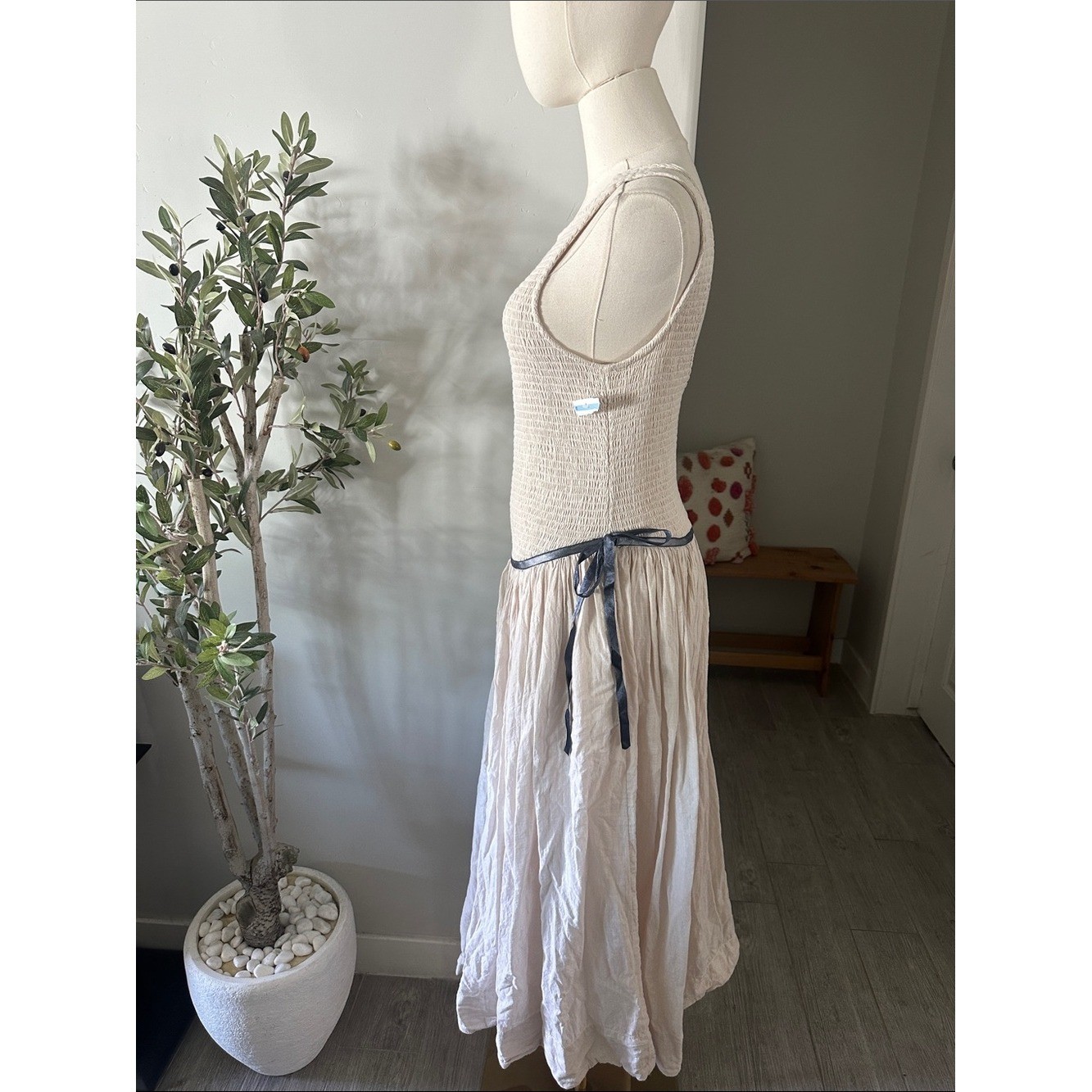 Free People Nightingale Smocked Seersucker Midi Dress in Tea Navy Combo New!