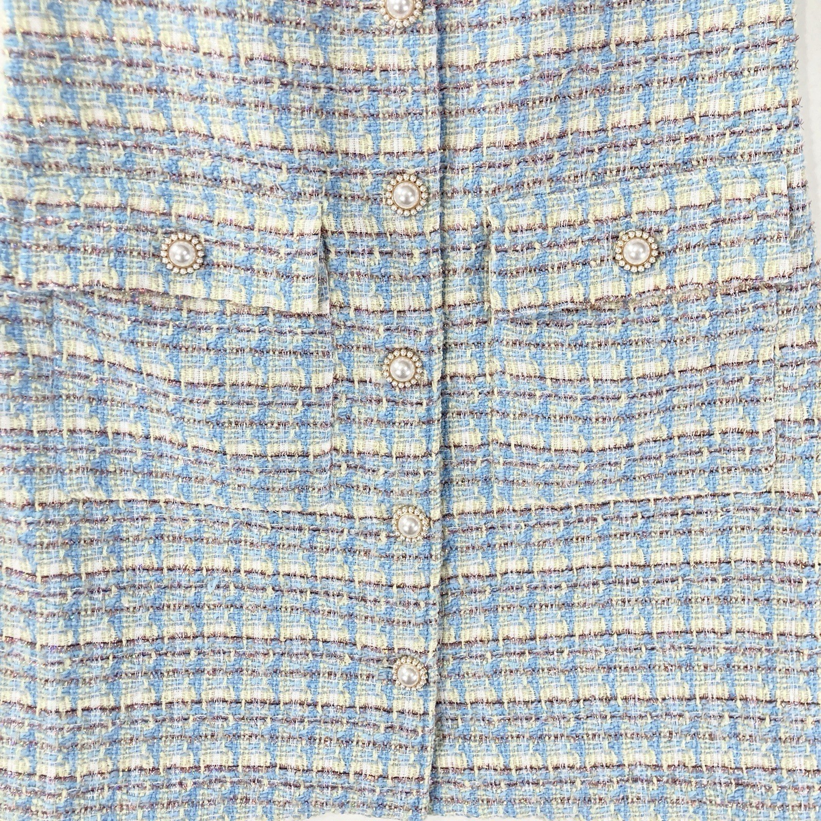 Euro Wool Tweed Pearl Button Front Woven Baby Blue Retro Dress Womens M NWT $140
