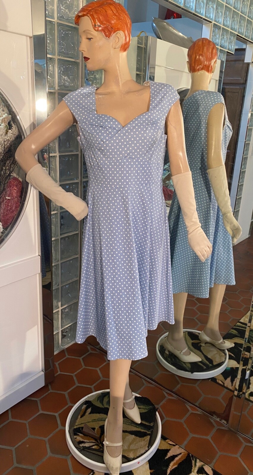 Denim Blue Polkadot Dress Fit /Flare Cotton Blend Sweetheart Neck XL Retro NWOT