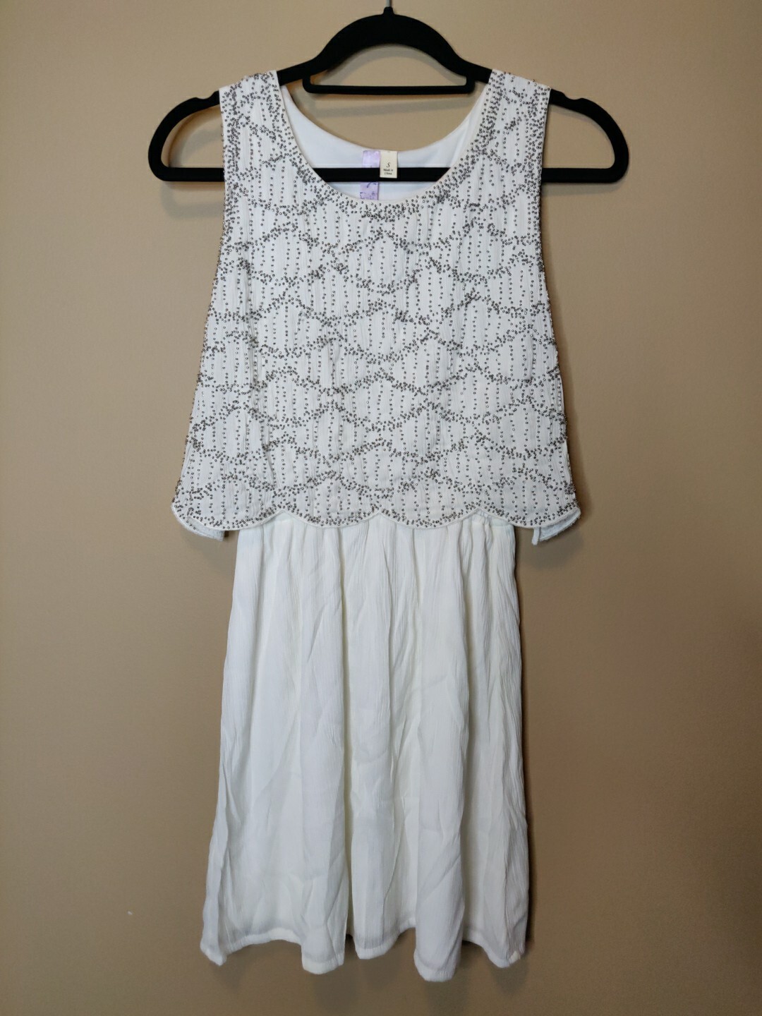 Alya women S sleeveless lined dress ivory layered look beaded top pleated bottom