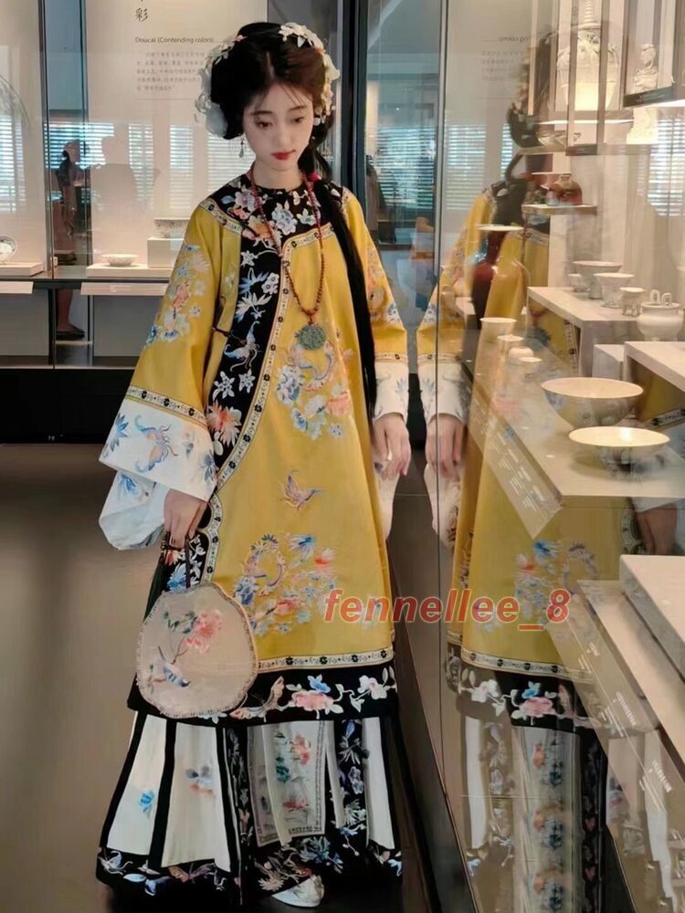 Qing Dynasty Womens Retro Chinese Costumes Dress Printed Hanfu Dress New