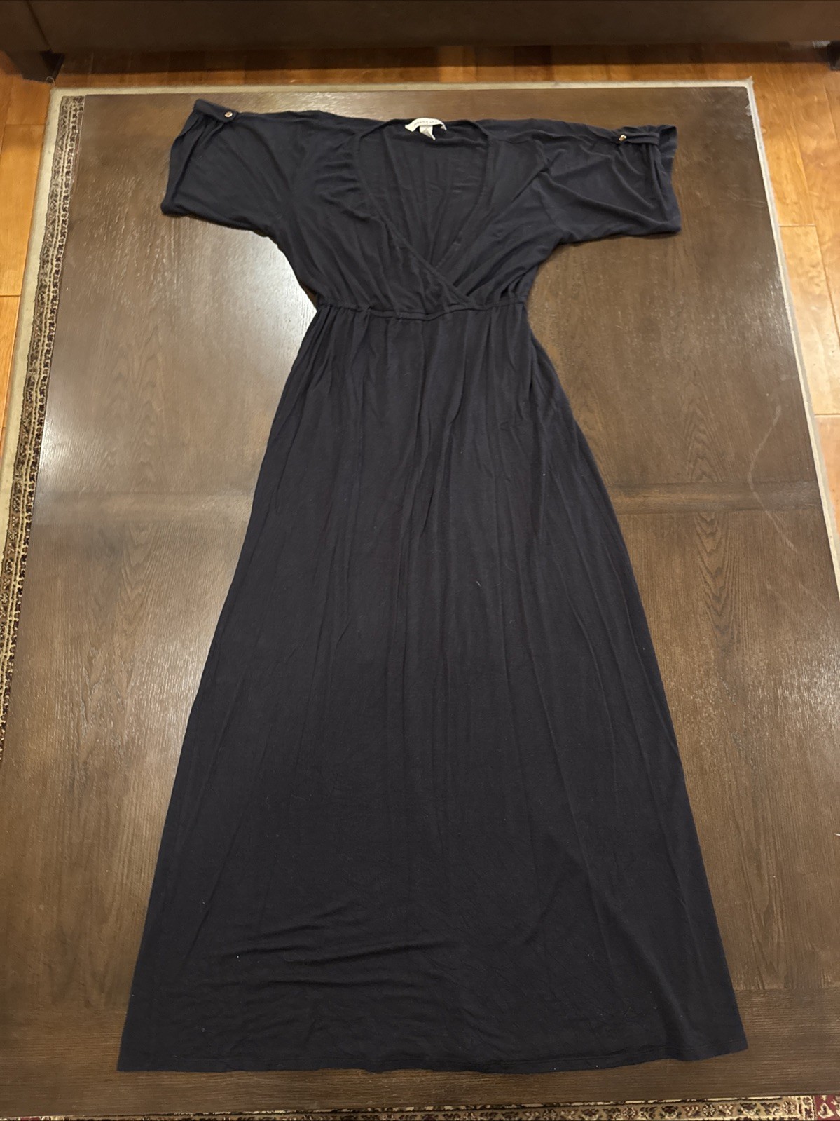 Presley Skye Belted Long Dress Black Simple V Neck Short Sleeve Medium USA