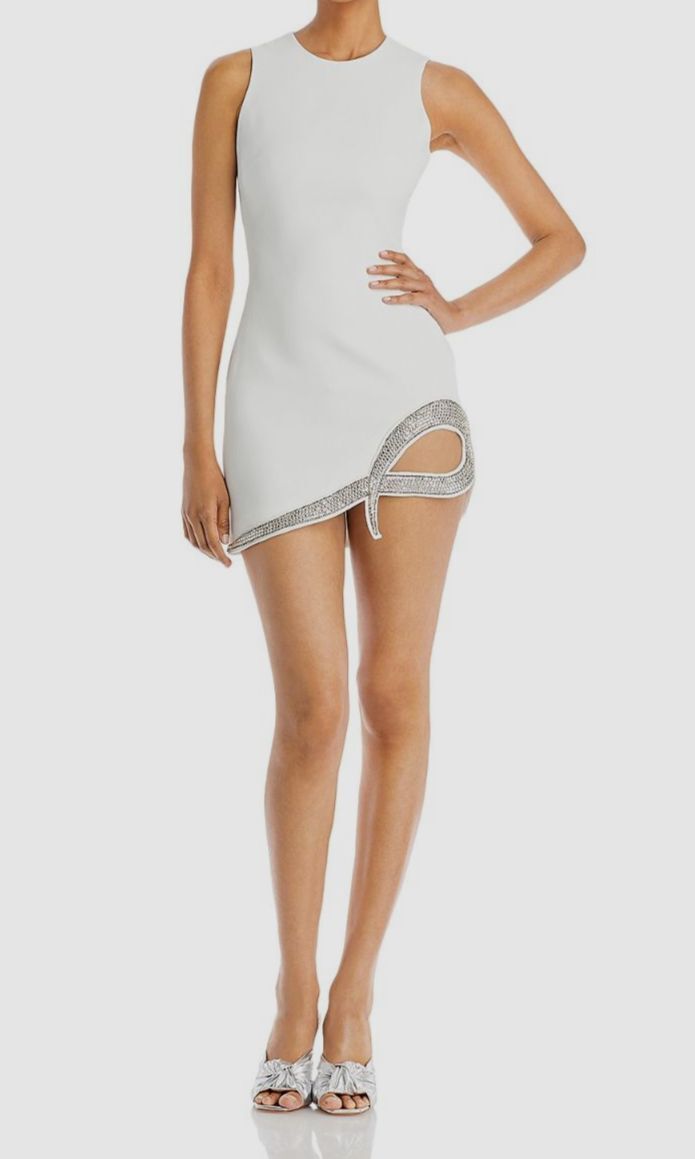 $2470 David Koma Women’s White Rhinestone Hem Curl Mini Dress Size UK6 US2