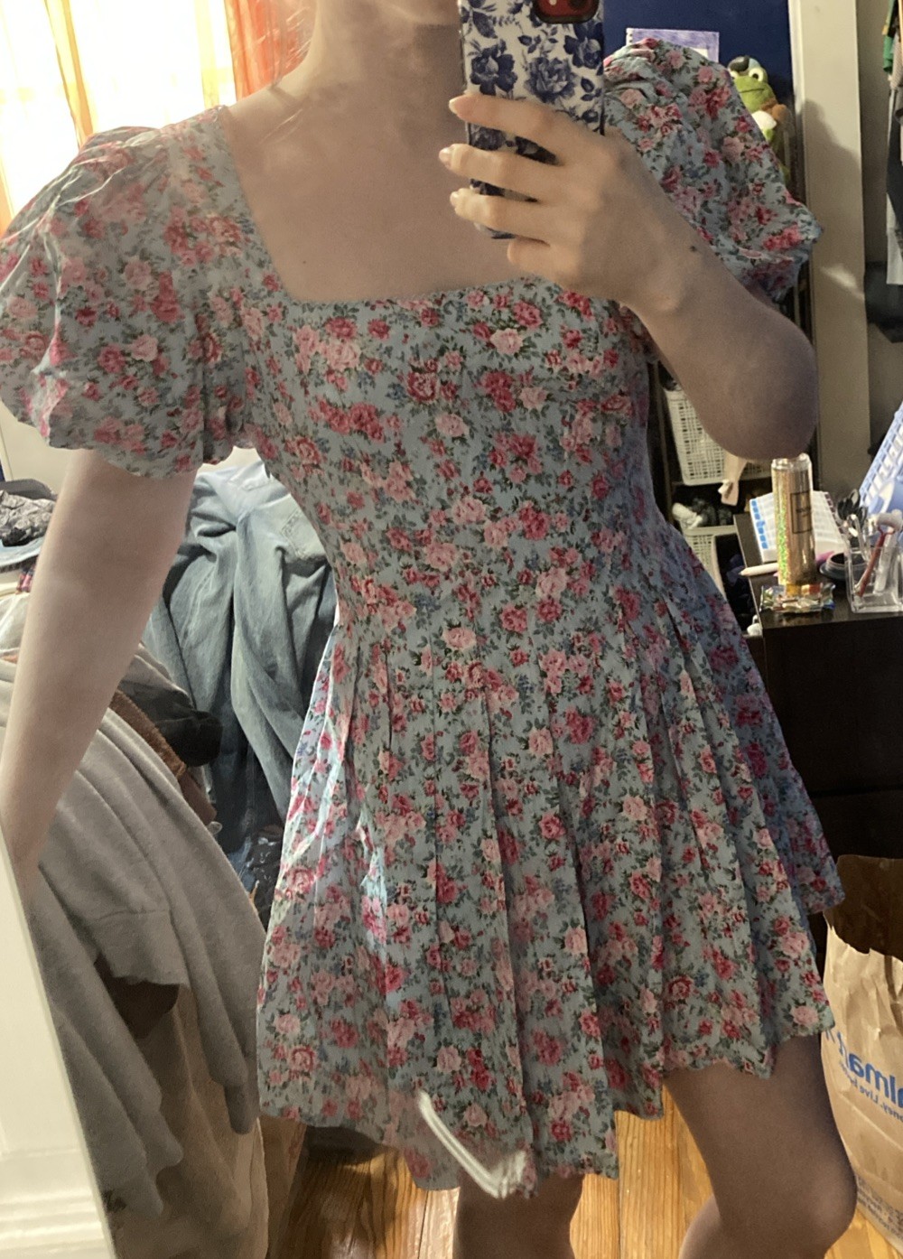 Blue floral mini babydoll dress with puff sleeves